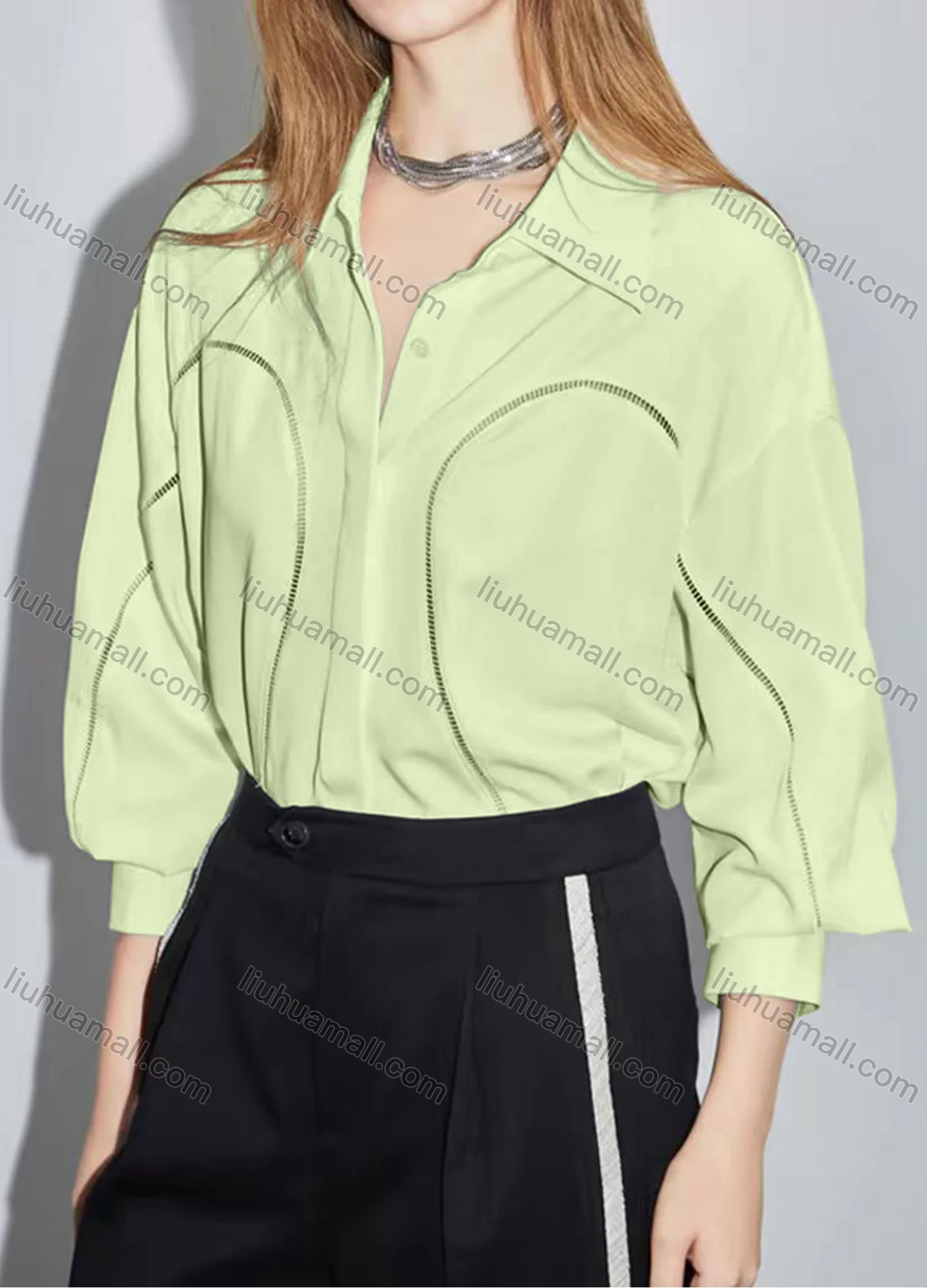 Wholesale Women's Elegant Plain Long Sleeve Collared Button Down Curved Hem Hollow Out Shirt - Liuhuamall