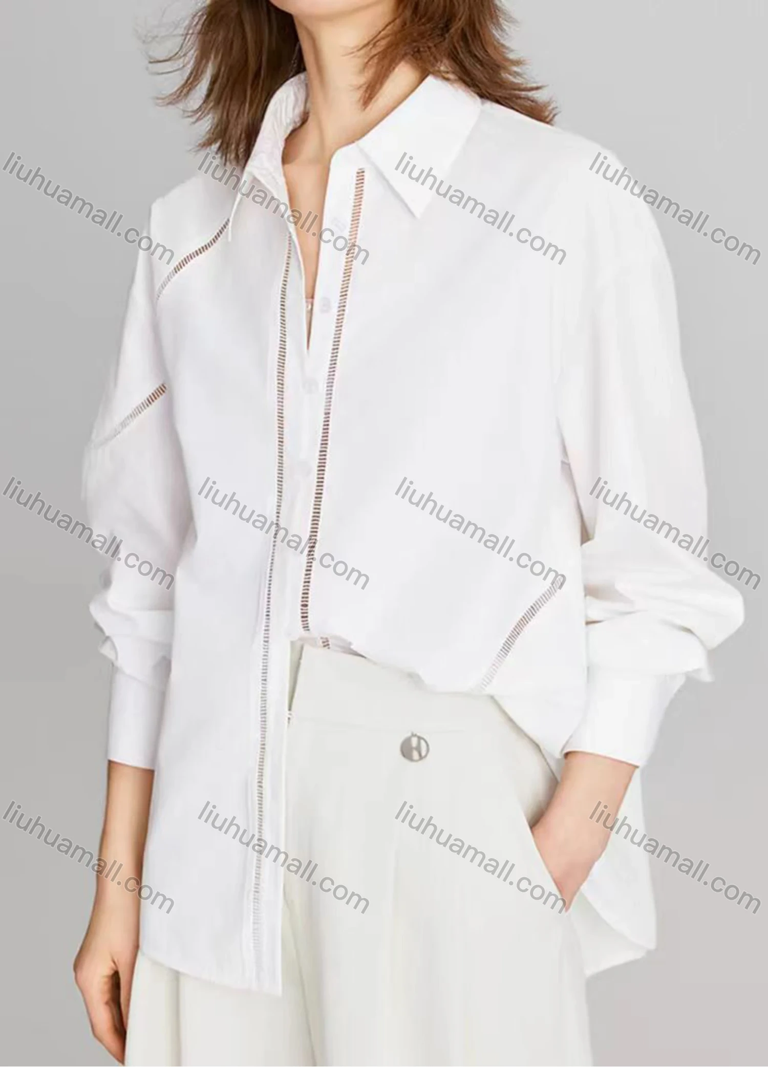 Wholesale Women's Casual Plain Long Sleeve Collared Button Down Curved Hem Hollow Out Shirt - Liuhuamall