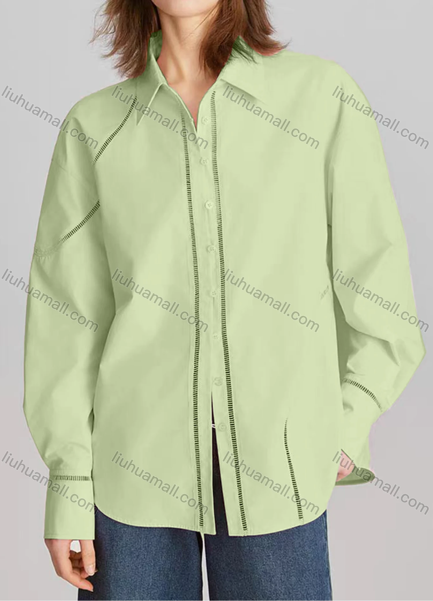 Wholesale Women's Casual Plain Long Sleeve Collared Button Down Curved Hem Hollow Out Shirt - Liuhuamall
