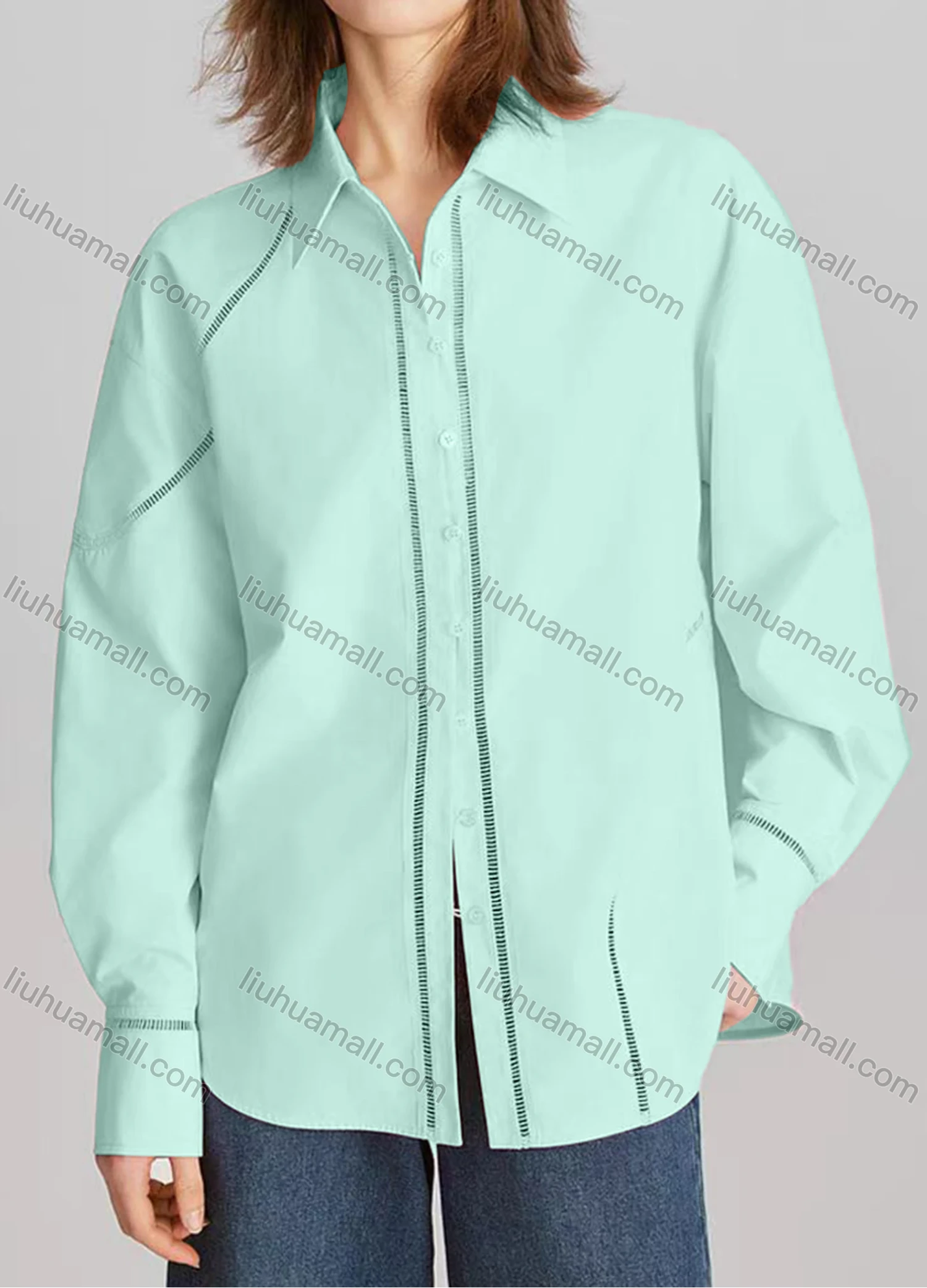 Wholesale Women's Casual Plain Long Sleeve Collared Button Down Curved Hem Hollow Out Shirt - Liuhuamall