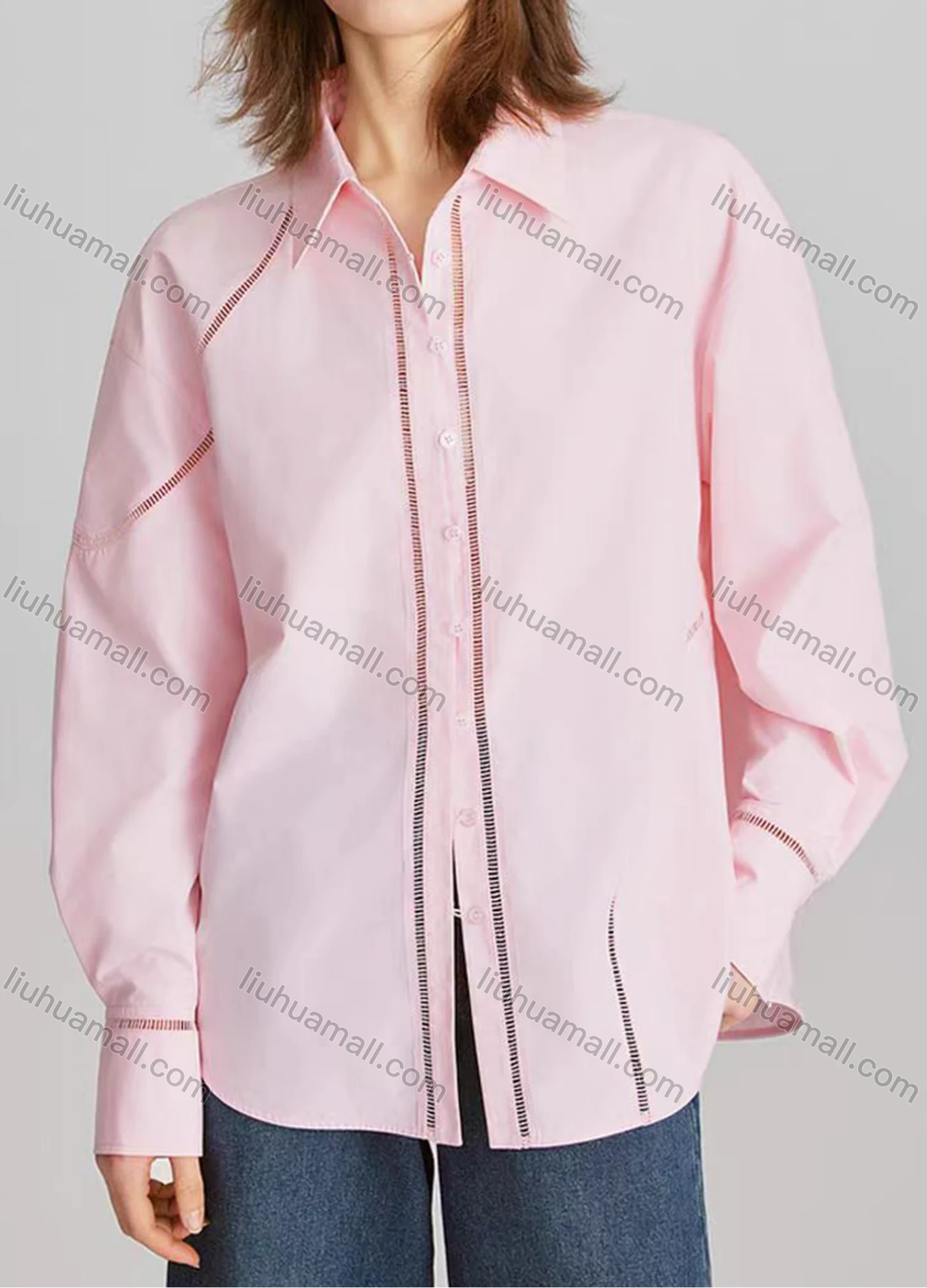 Wholesale Women's Casual Plain Long Sleeve Collared Button Down Curved Hem Hollow Out Shirt - Liuhuamall