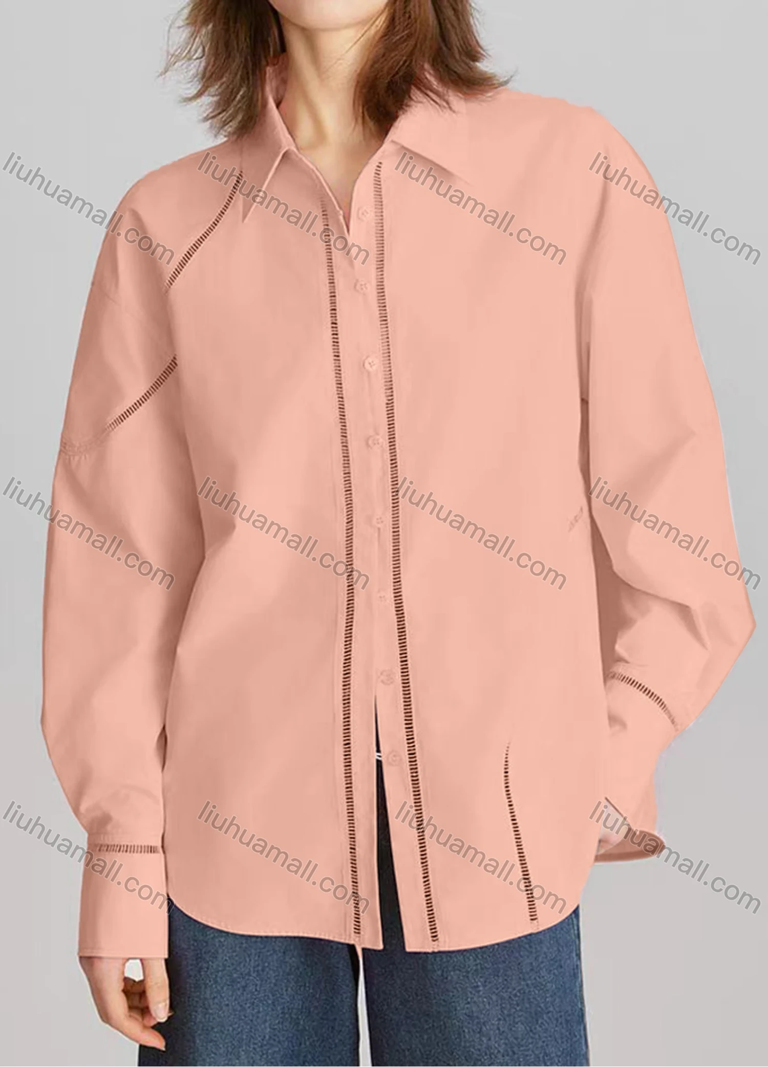 Wholesale Women's Casual Plain Long Sleeve Collared Button Down Curved Hem Hollow Out Shirt - Liuhuamall