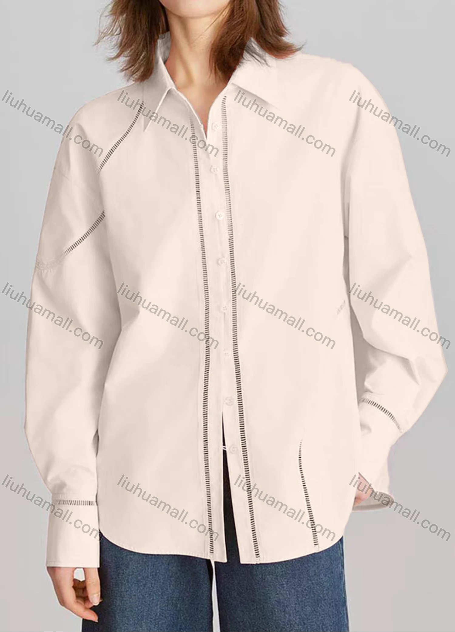 Wholesale Women's Casual Plain Long Sleeve Collared Button Down Curved Hem Hollow Out Shirt - Liuhuamall