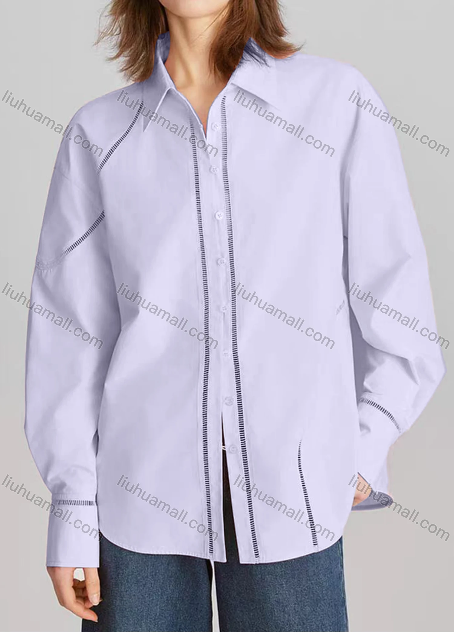 Wholesale Women's Casual Plain Long Sleeve Collared Button Down Curved Hem Hollow Out Shirt - Liuhuamall