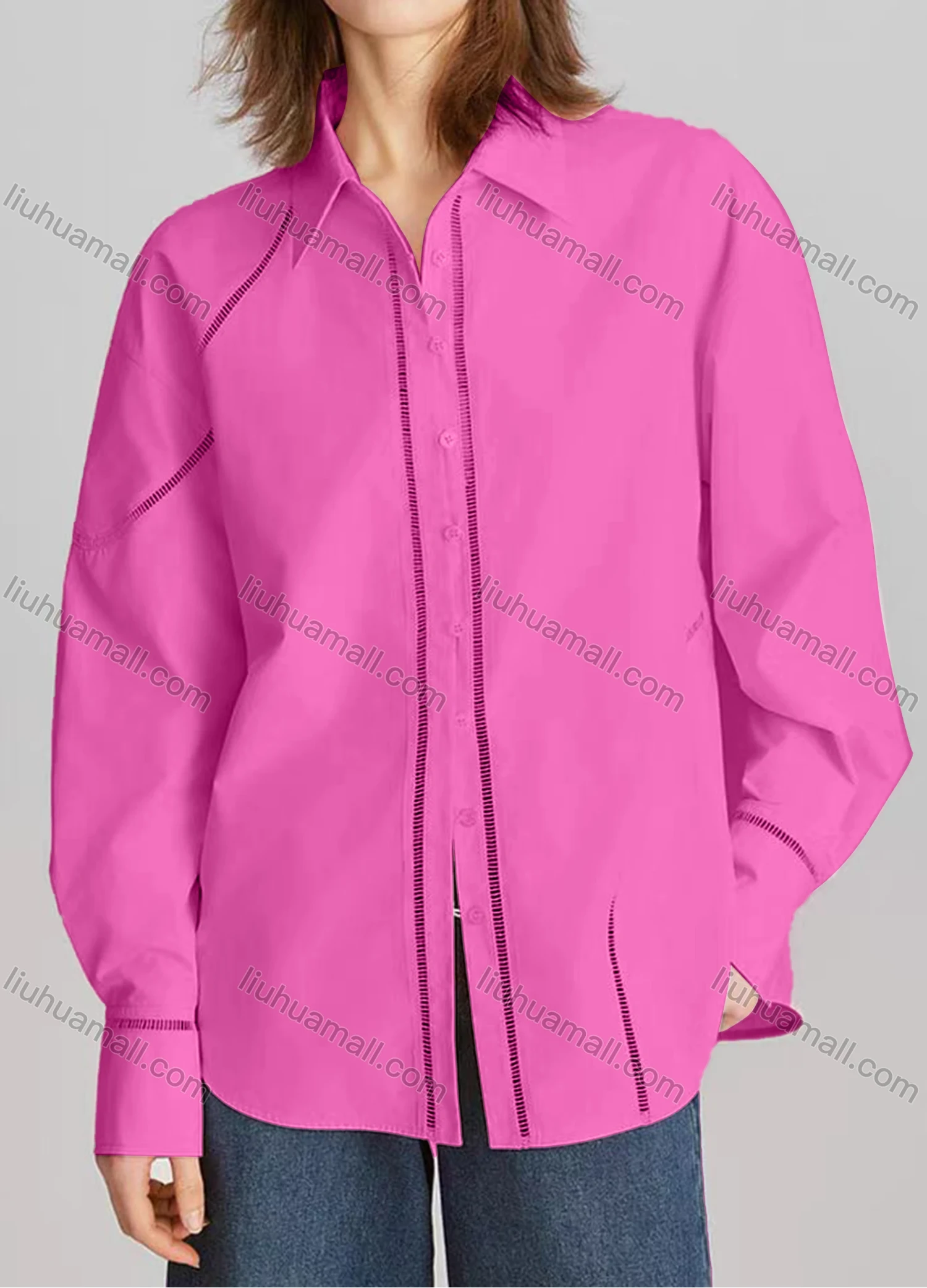 Wholesale Women's Casual Plain Long Sleeve Collared Button Down Curved Hem Hollow Out Shirt - Liuhuamall