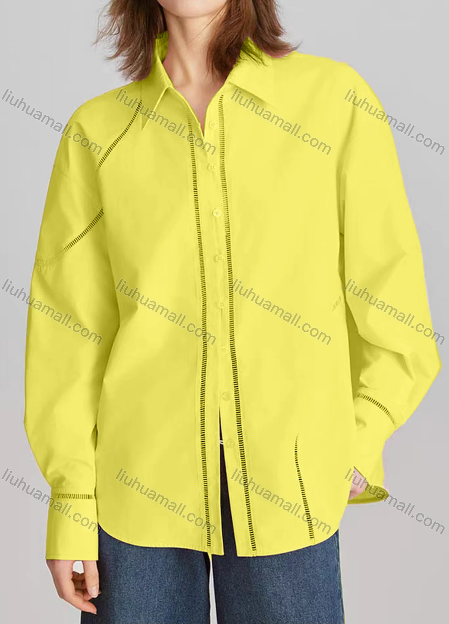 Wholesale Women's Casual Plain Long Sleeve Collared Button Down Curved Hem Hollow Out Shirt - Liuhuamall