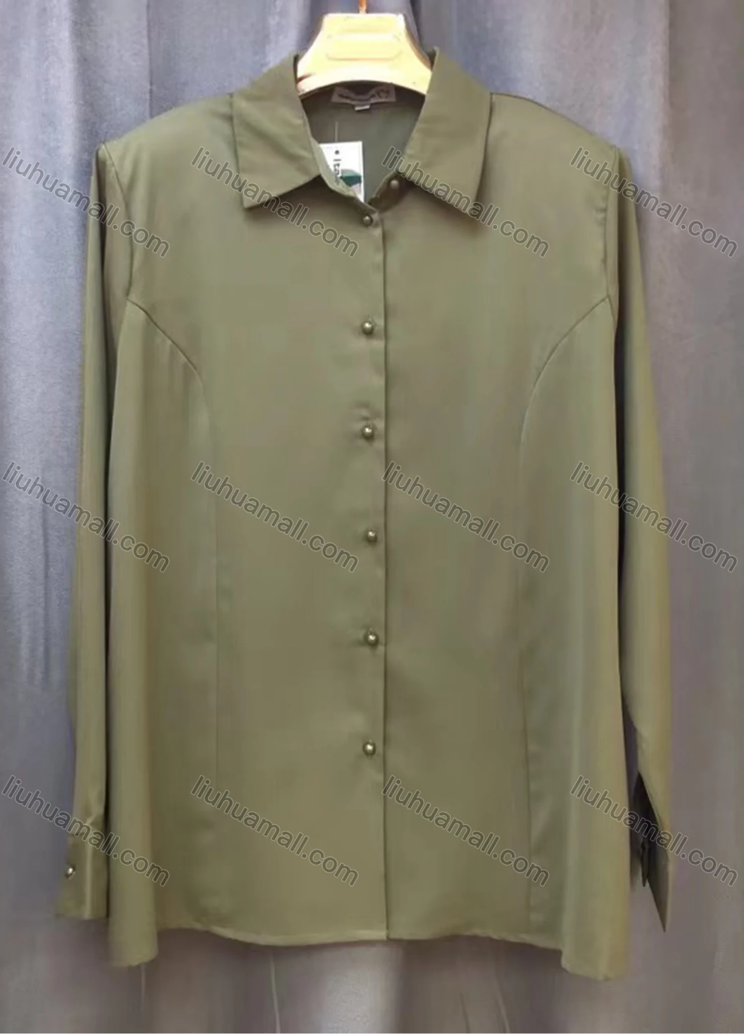 Wholesale Women's Casual Plain Long Sleeve Collared Button Down Shirt With Shoulder Pads - Liuhuamall