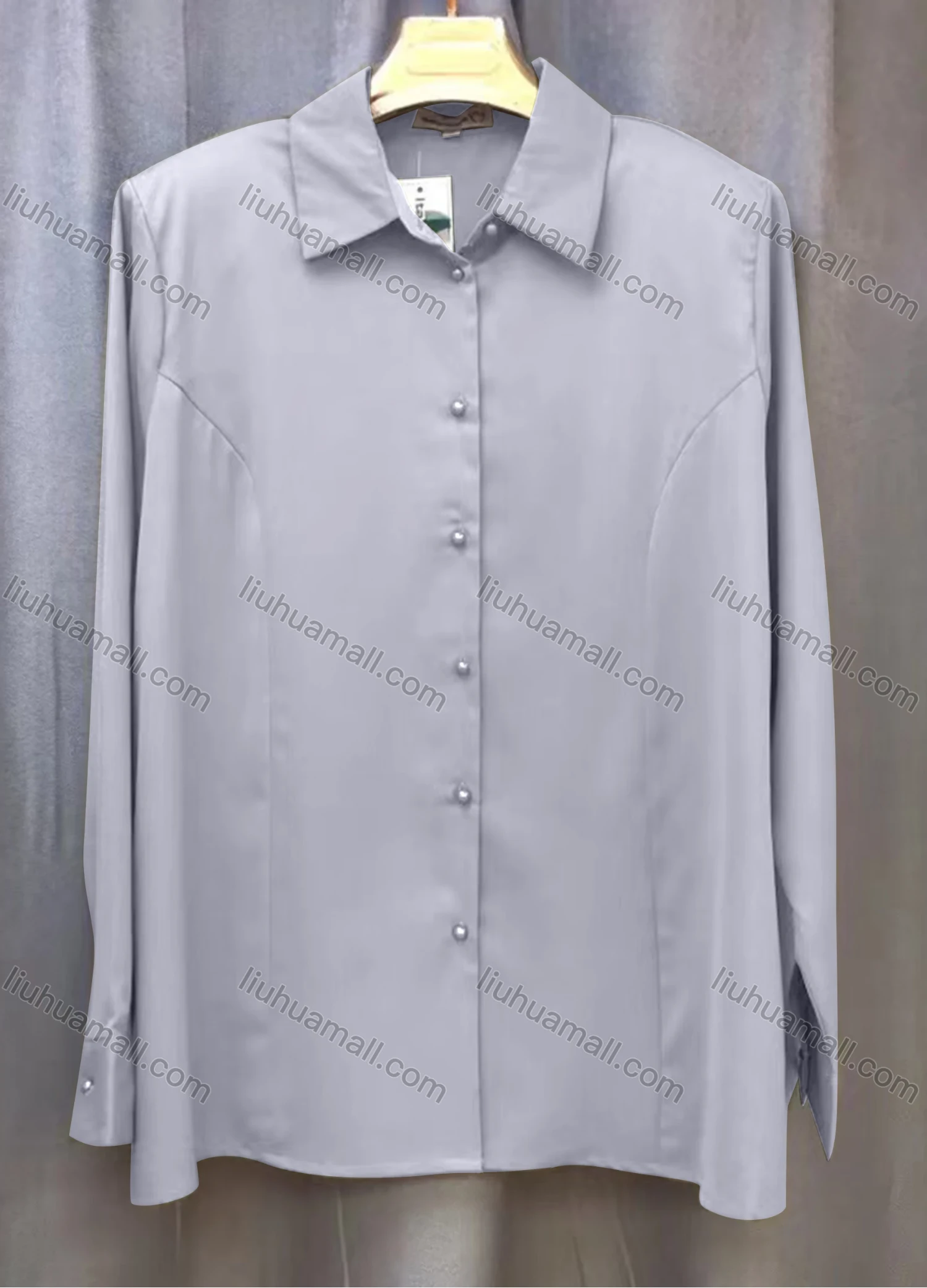 Wholesale Women's Casual Plain Long Sleeve Collared Button Down Shirt With Shoulder Pads - Liuhuamall