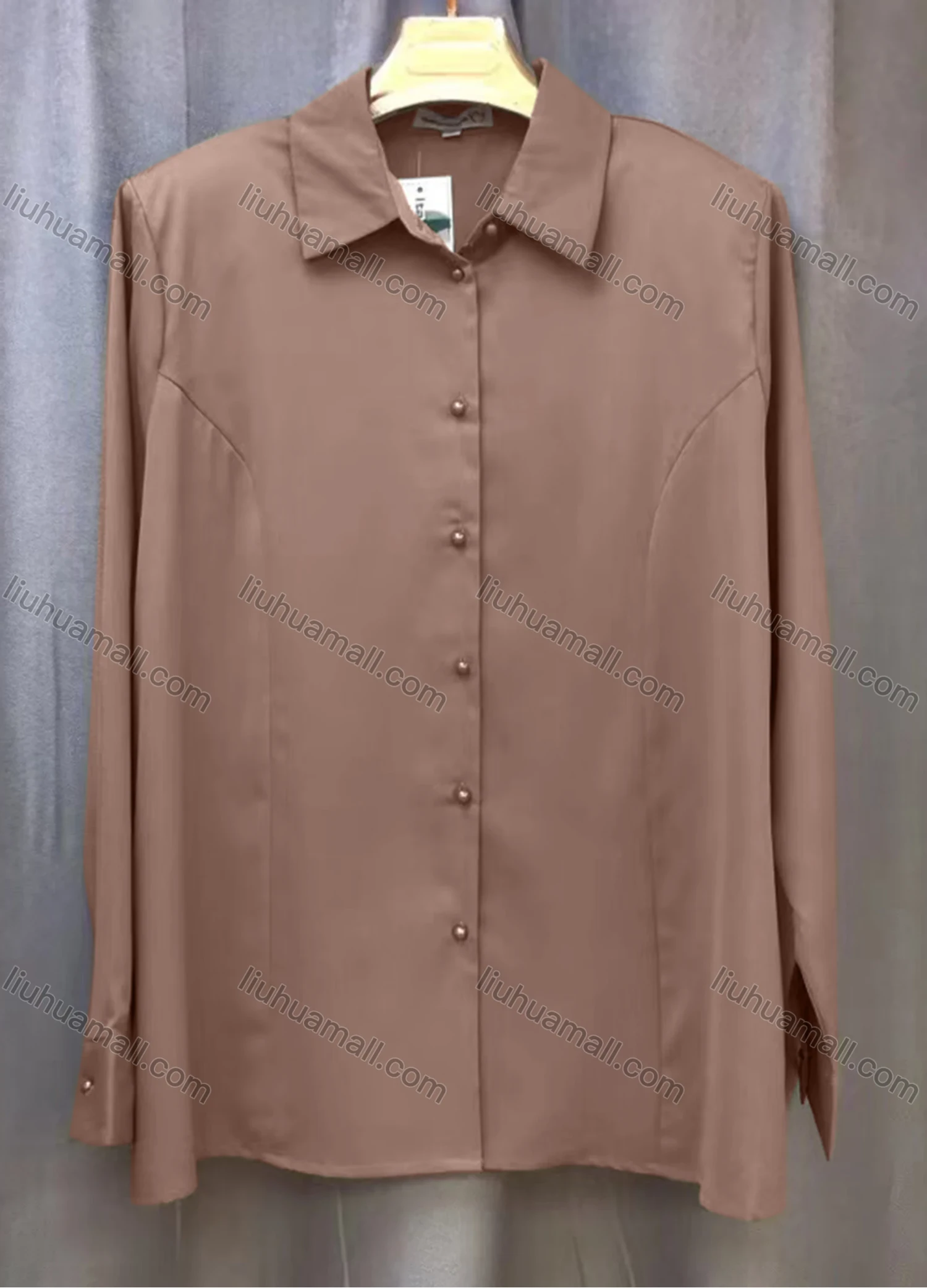 Wholesale Women's Casual Plain Long Sleeve Collared Button Down Shirt With Shoulder Pads - Liuhuamall