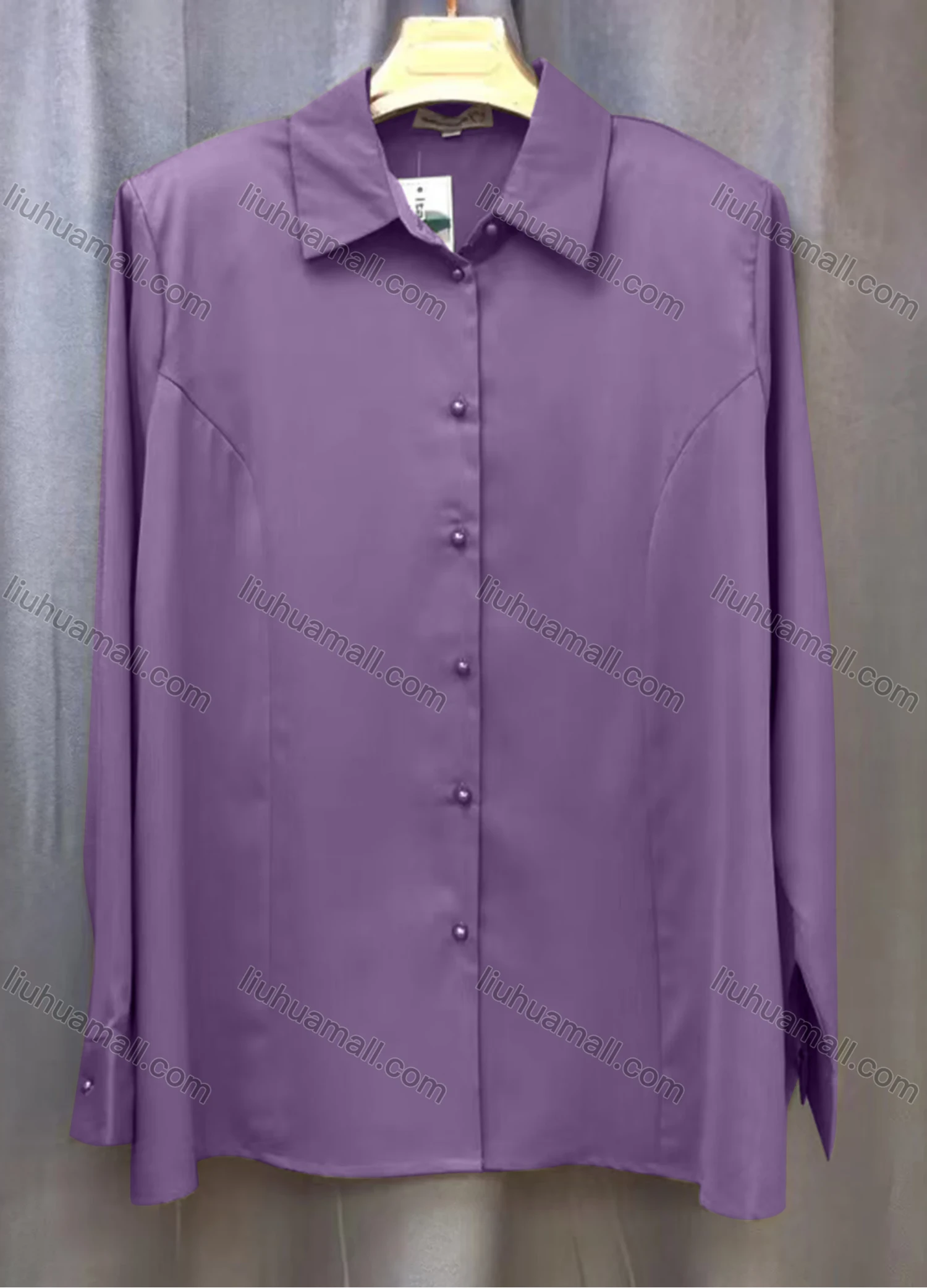 Wholesale Women's Casual Plain Long Sleeve Collared Button Down Shirt With Shoulder Pads - Liuhuamall