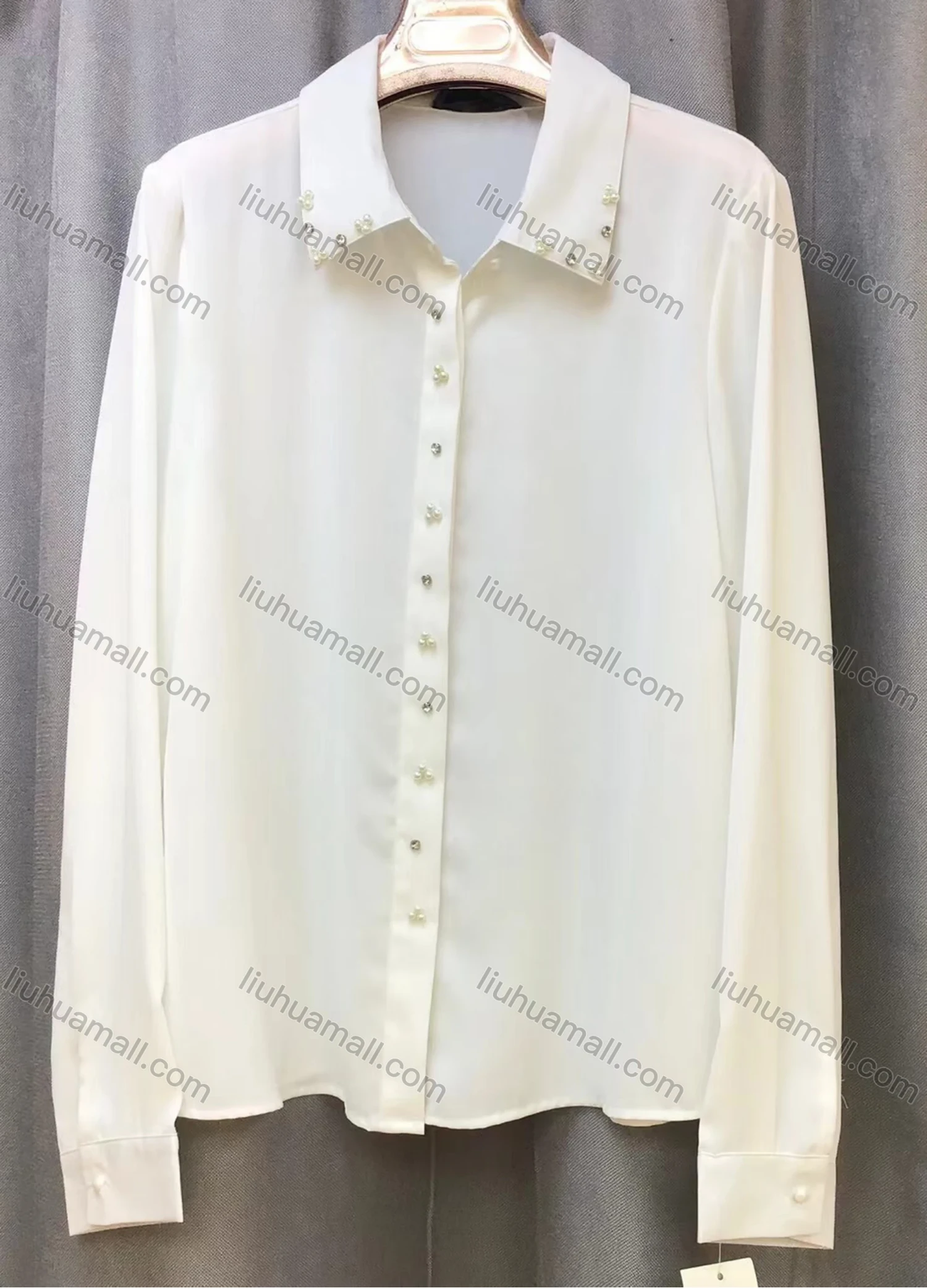 Wholesale Women's Casual Plain Long Sleeve Collared Rhinestone Pearl Decor Button Down Shirt - Liuhuamall