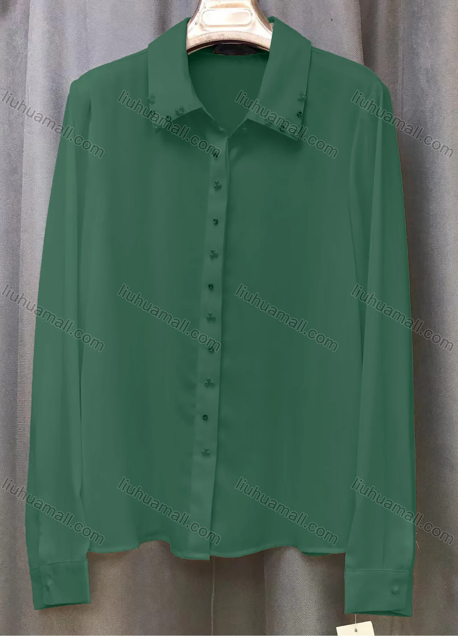 Wholesale Women's Casual Plain Long Sleeve Collared Rhinestone Pearl Decor Button Down Shirt - Liuhuamall