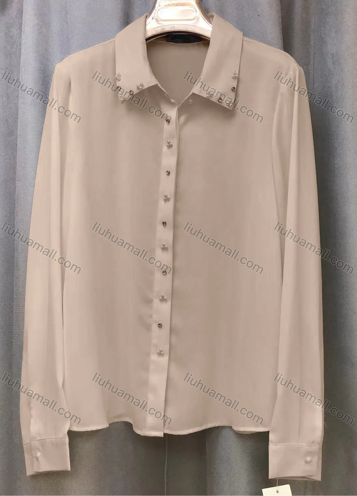 Wholesale Women's Casual Plain Long Sleeve Collared Rhinestone Pearl Decor Button Down Shirt - Liuhuamall