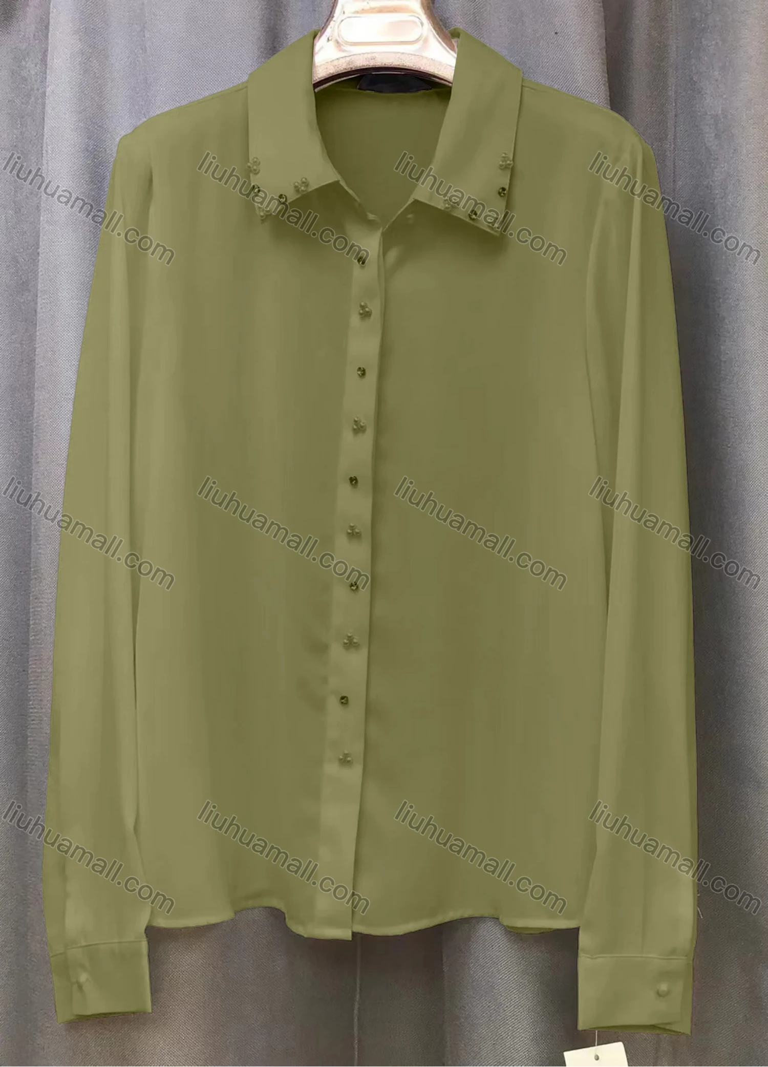 Wholesale Women's Casual Plain Long Sleeve Collared Rhinestone Pearl Decor Button Down Shirt - Liuhuamall