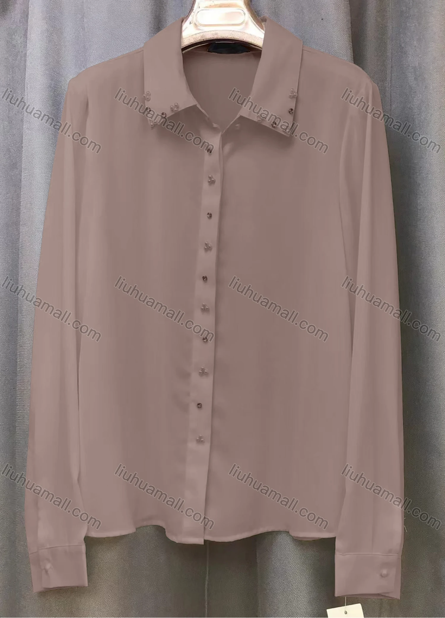 Wholesale Women's Casual Plain Long Sleeve Collared Rhinestone Pearl Decor Button Down Shirt - Liuhuamall