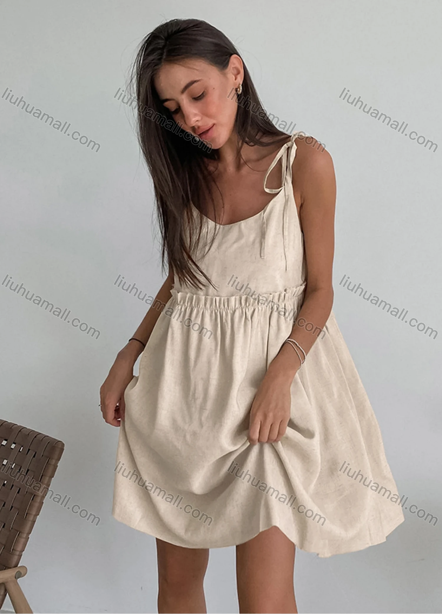 Wholesale Women' Casual Spaghetti Strap Splicing Drawstring Cami Dress - Liuhuamall