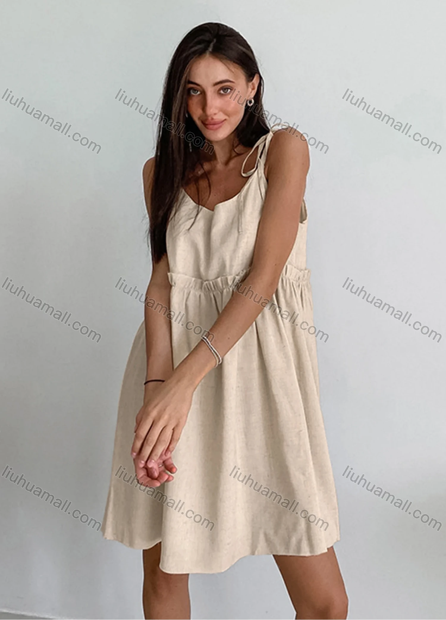 Wholesale Women' Casual Spaghetti Strap Splicing Drawstring Cami Dress - Liuhuamall