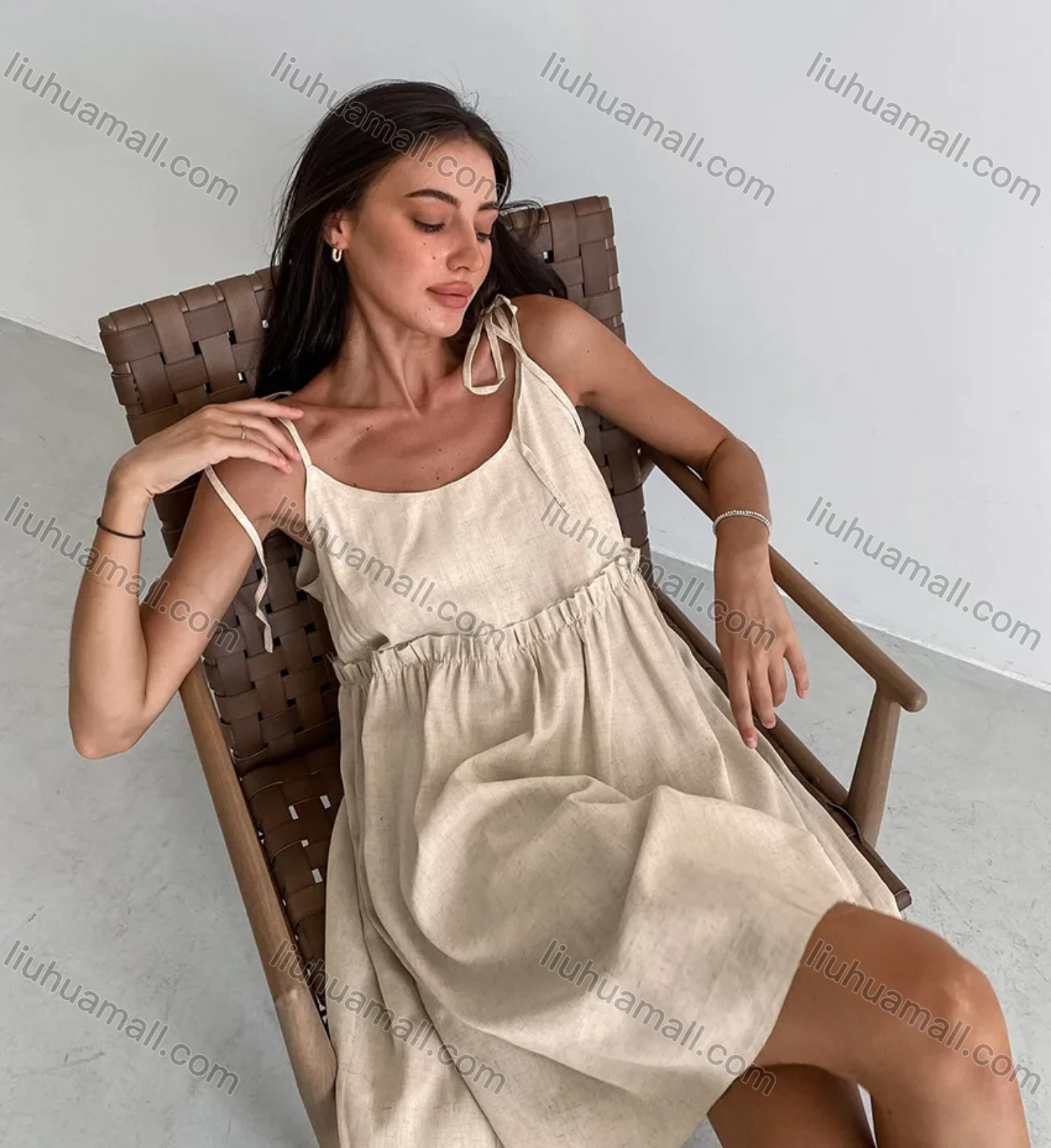 Wholesale Women' Casual Spaghetti Strap Splicing Drawstring Cami Dress - Liuhuamall