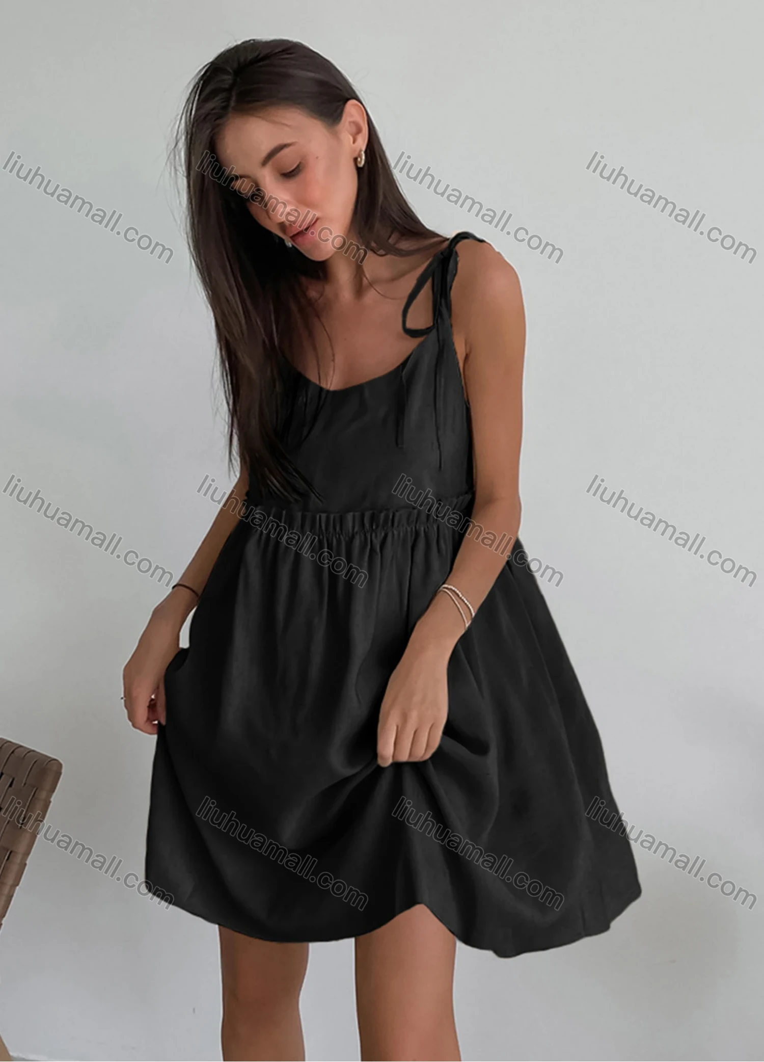 Wholesale Women' Casual Spaghetti Strap Splicing Drawstring Cami Dress - Liuhuamall