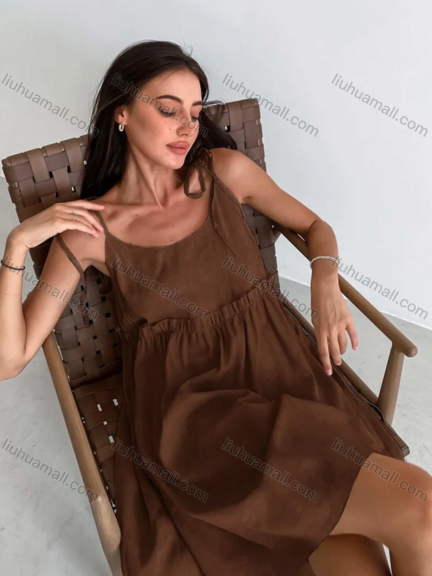 Wholesale Women' Casual Spaghetti Strap Splicing Drawstring Cami Dress - Liuhuamall