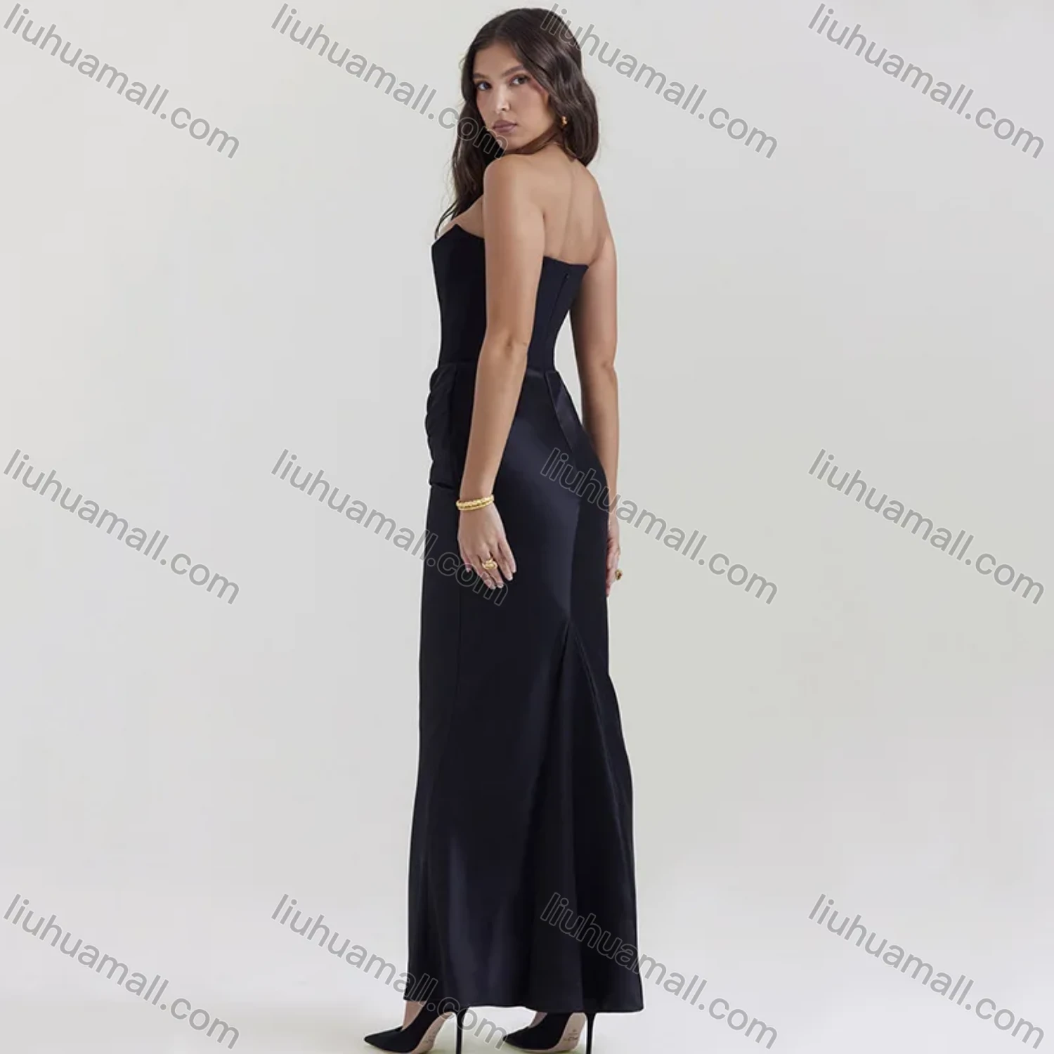Wholesale Women's Sexy Strapless Plain Open Back Floor Length Evening Dress - Liuhuamall