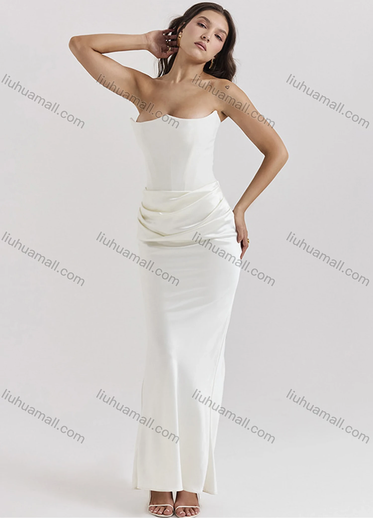 Wholesale Women's Sexy Strapless Plain Open Back Floor Length Evening Dress - Liuhuamall