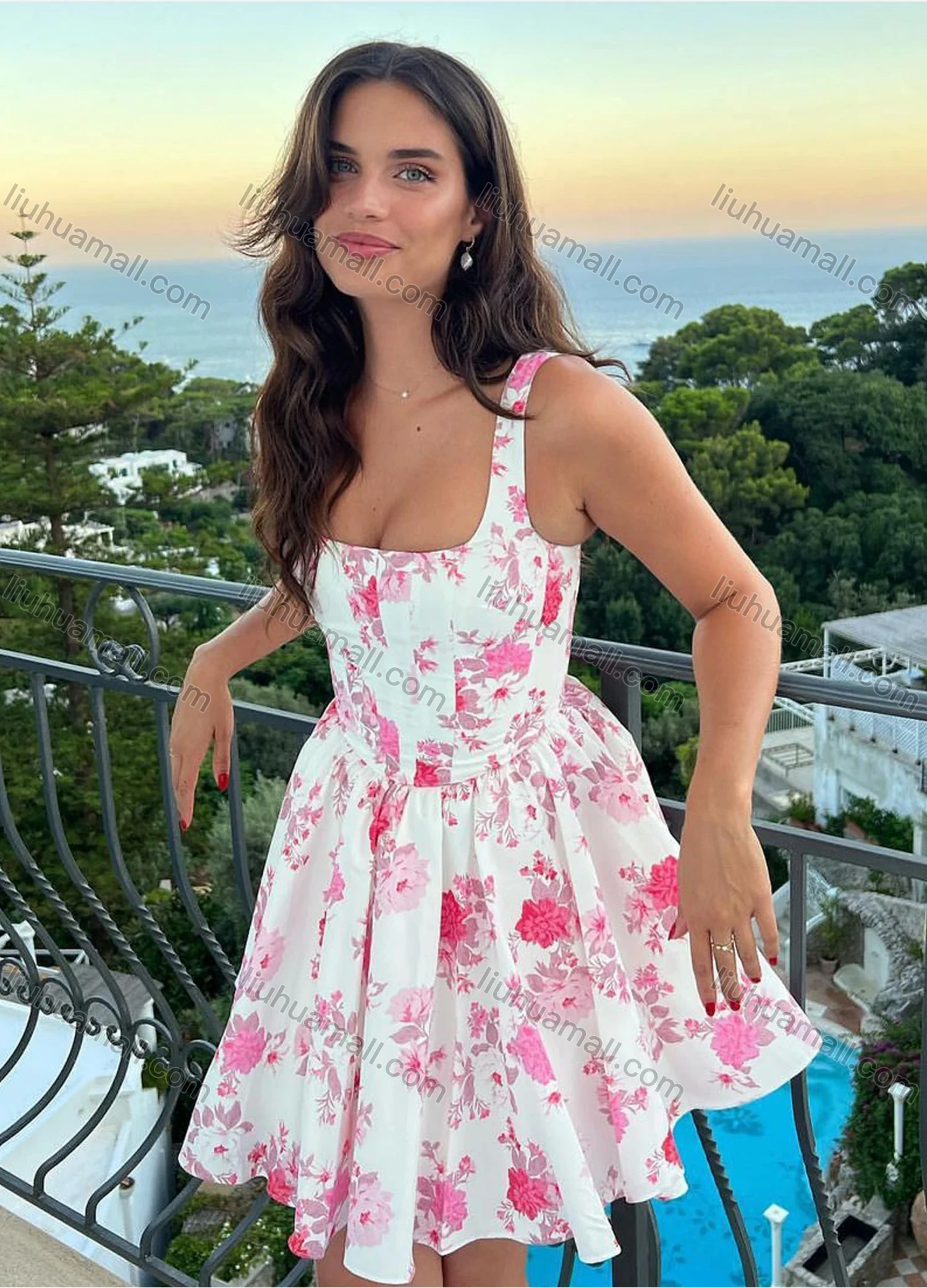 Wholesale Women's Casual Straps Ditsy Floral Allover Short Dress - Liuhuamall