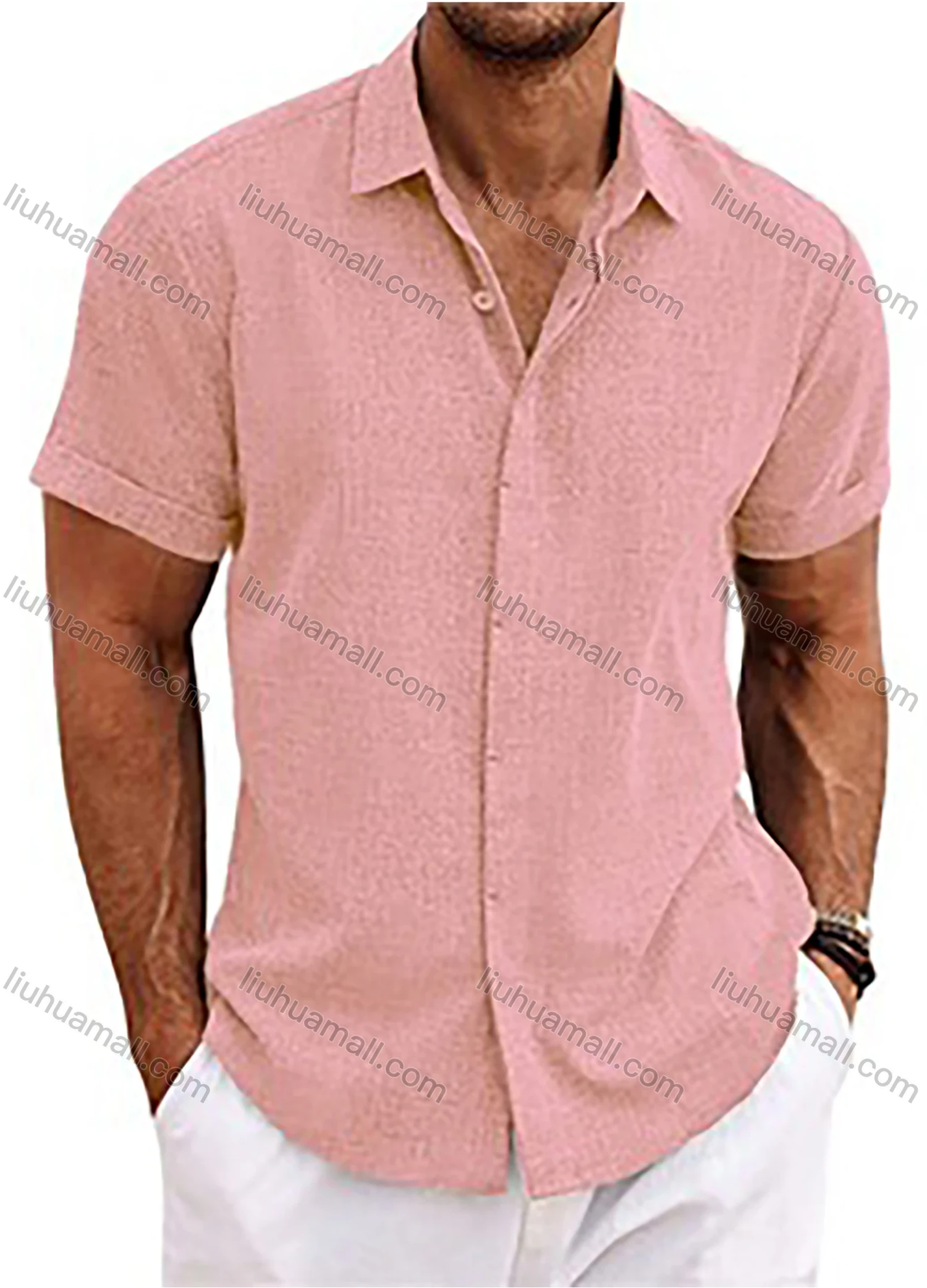 Wholesale Men's Casual Plain Collared Short Sleeve Button Down Shirt - Liuhuamall