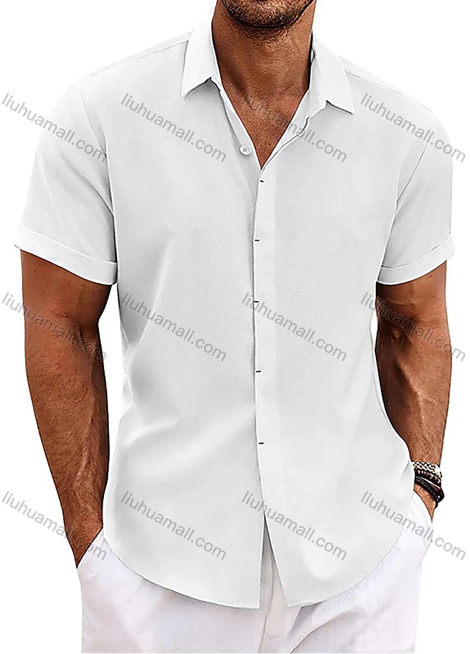 Wholesale Men's Casual Plain Collared Short Sleeve Button Down Shirt - Liuhuamall