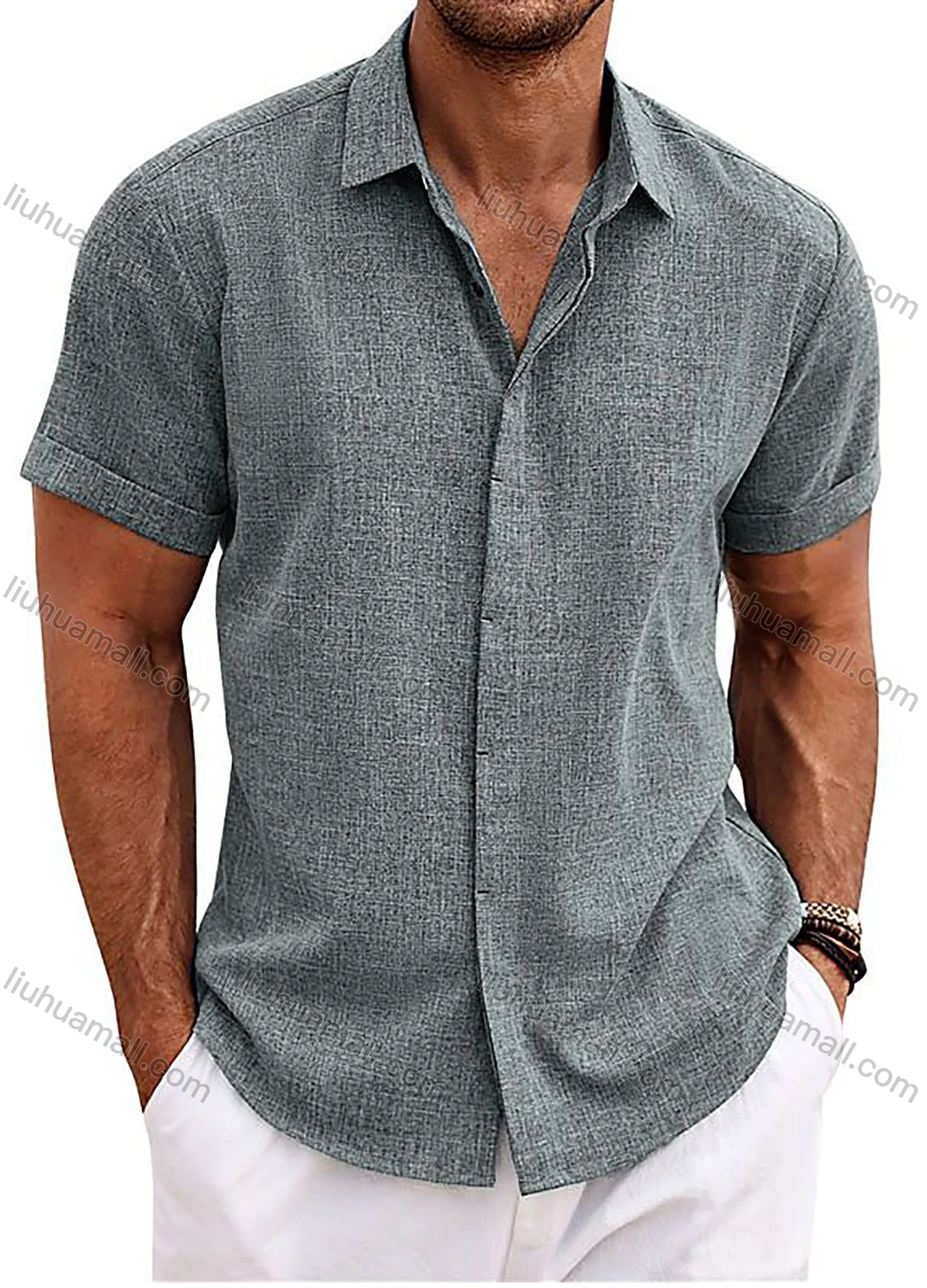Wholesale Men's Casual Plain Collared Short Sleeve Button Down Shirt - Liuhuamall