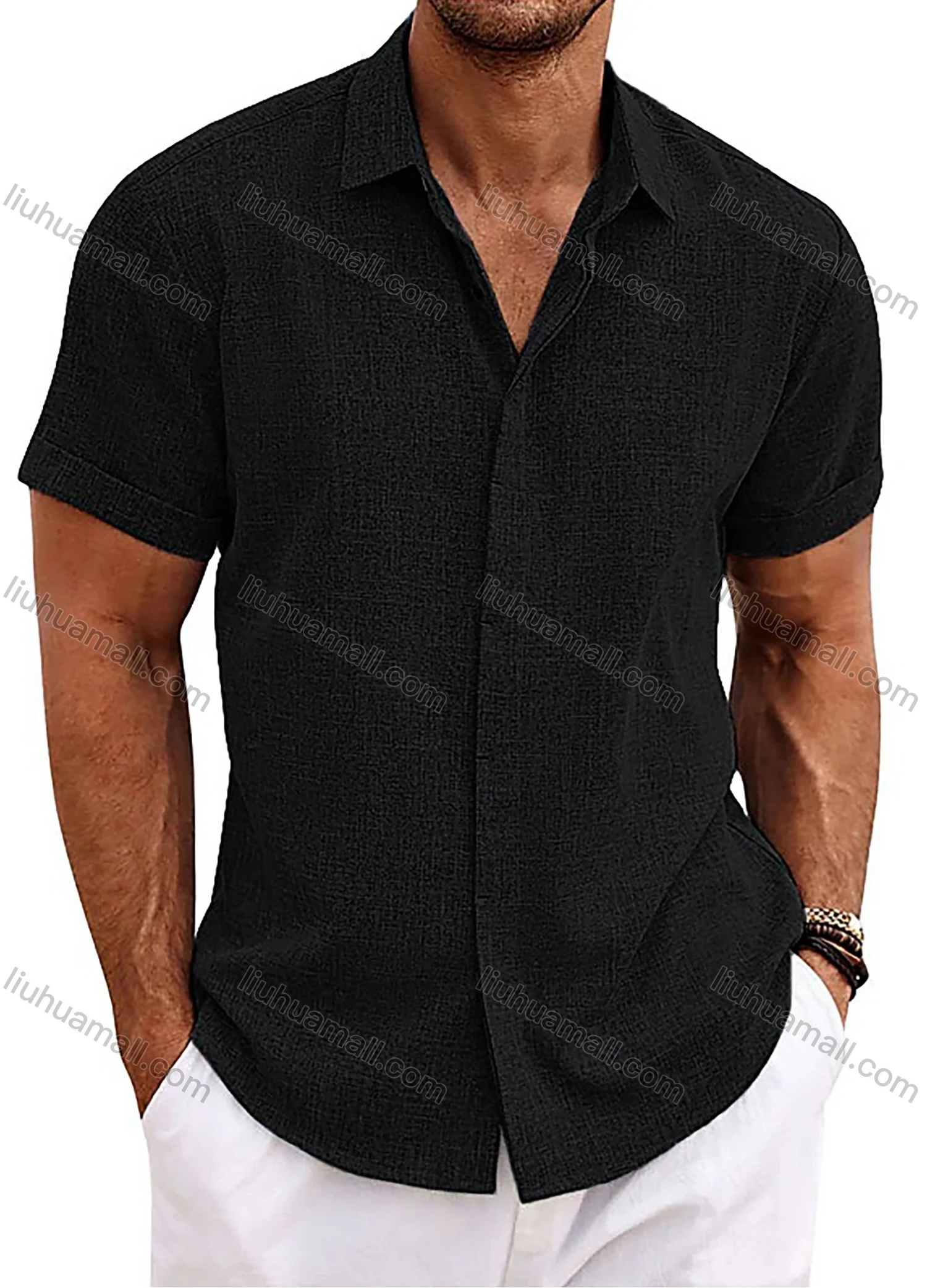 Wholesale Men's Casual Plain Collared Short Sleeve Button Down Shirt - Liuhuamall