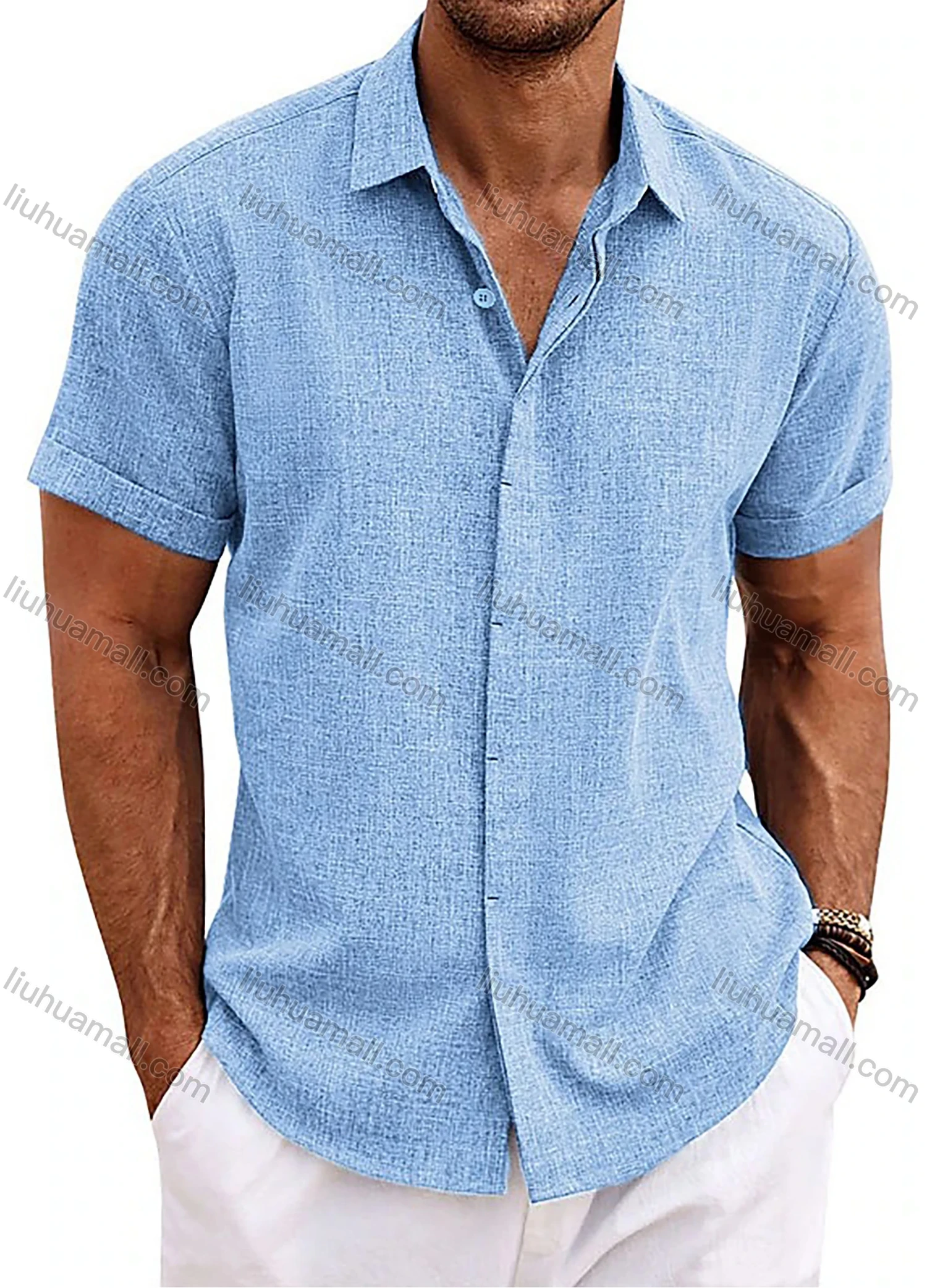 Wholesale Men's Casual Plain Collared Short Sleeve Button Down Shirt - Liuhuamall
