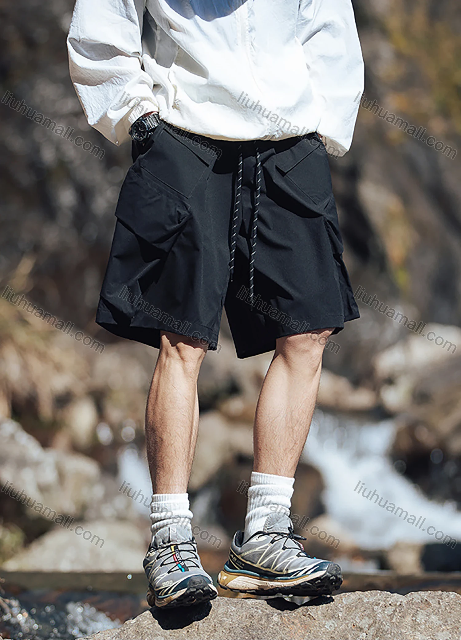Wholesale Men's Casual Plain Multiple Pockets Elastic Waist Drawstring Shorts - Liuhuamall