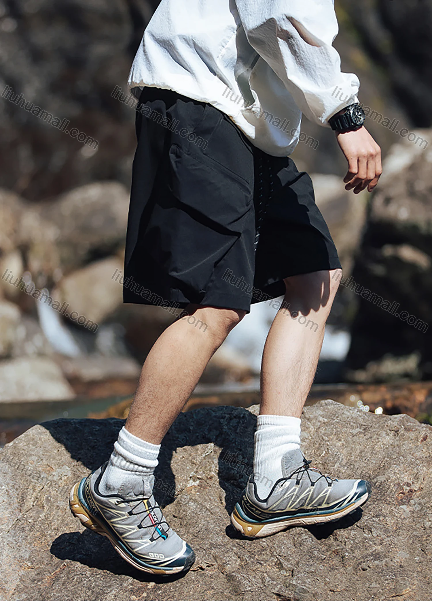 Wholesale Men's Casual Plain Multiple Pockets Elastic Waist Drawstring Shorts - Liuhuamall