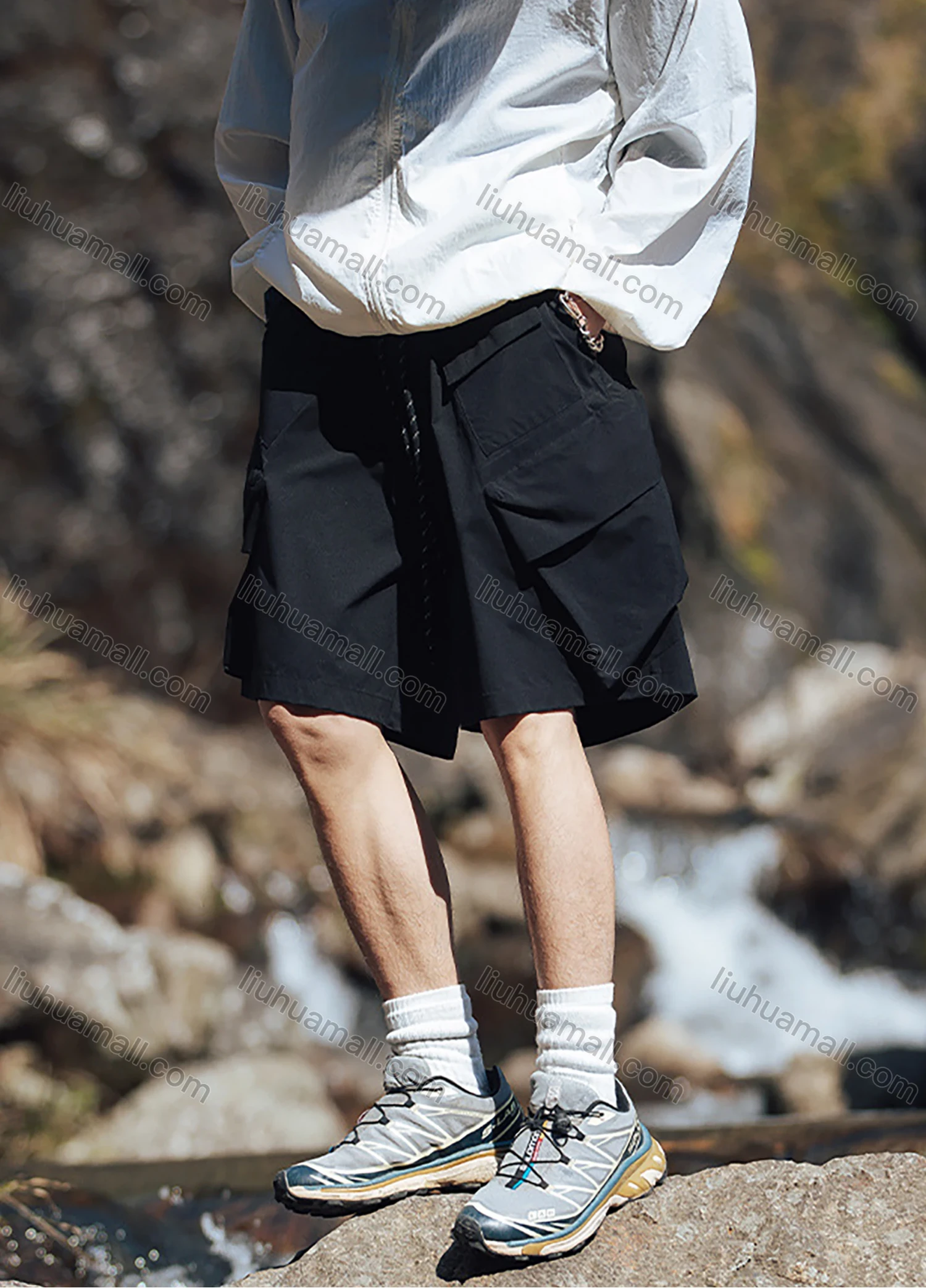 Wholesale Men's Casual Plain Multiple Pockets Elastic Waist Drawstring Shorts - Liuhuamall