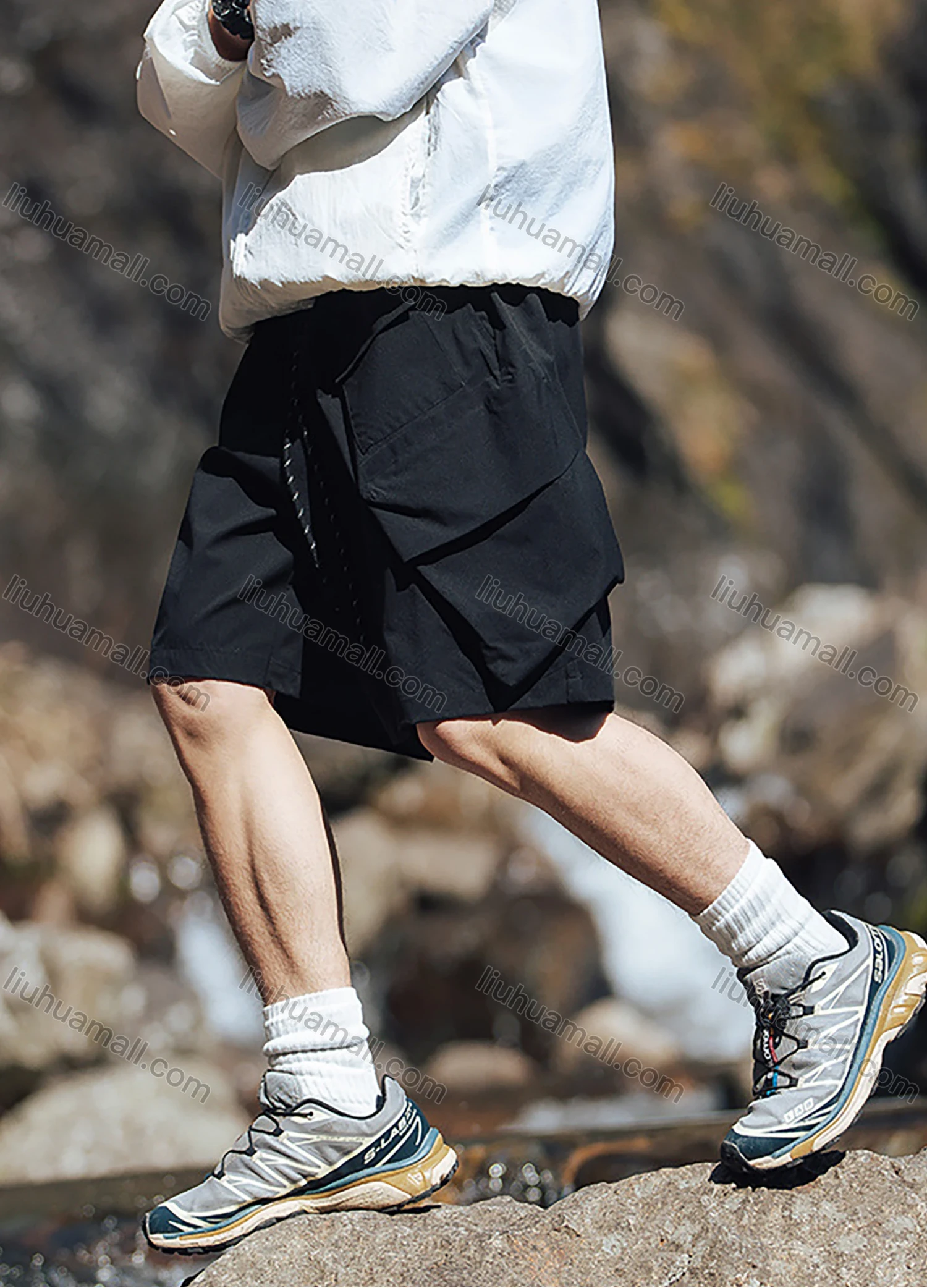 Wholesale Men's Casual Plain Multiple Pockets Elastic Waist Drawstring Shorts - Liuhuamall