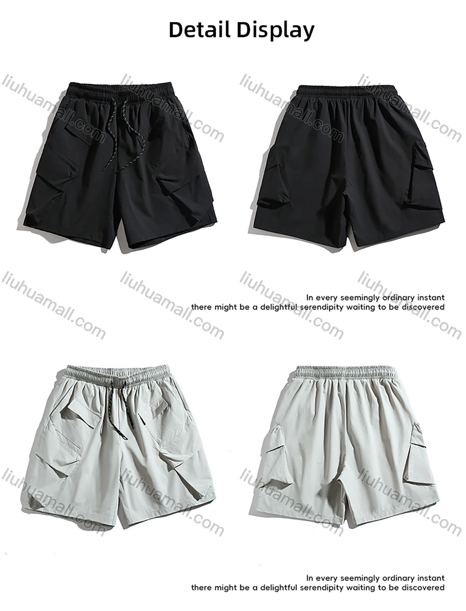 Wholesale Men's Casual Plain Multiple Pockets Elastic Waist Drawstring Shorts - Liuhuamall