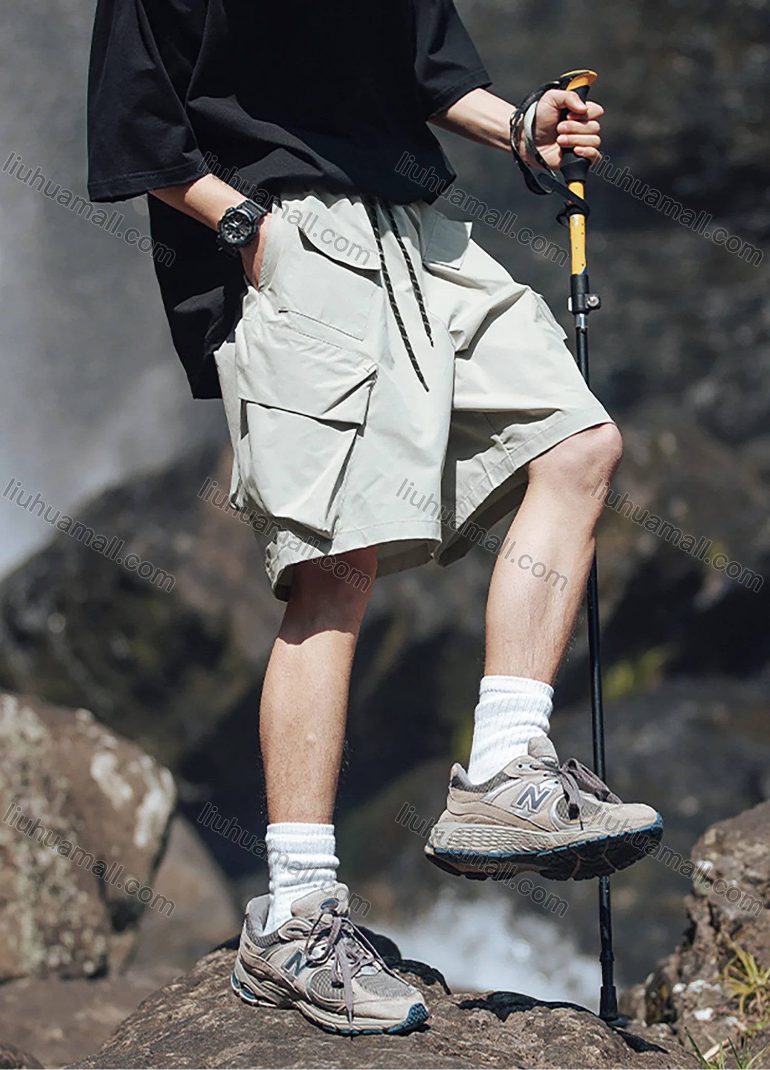 Wholesale Men's Casual Plain Multiple Pockets Elastic Waist Drawstring Shorts - Liuhuamall