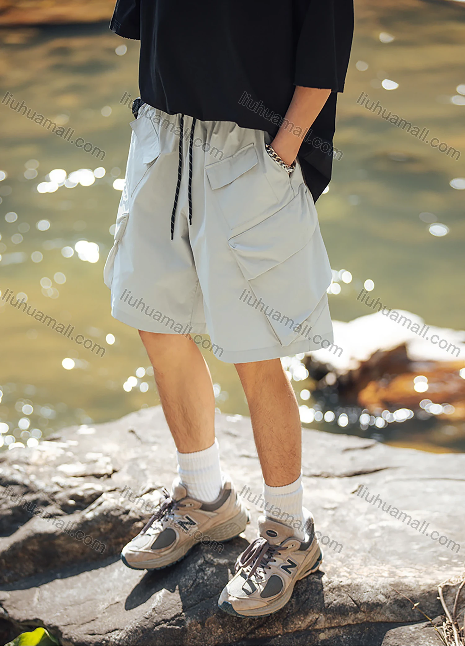 Wholesale Men's Casual Plain Multiple Pockets Elastic Waist Drawstring Shorts - Liuhuamall