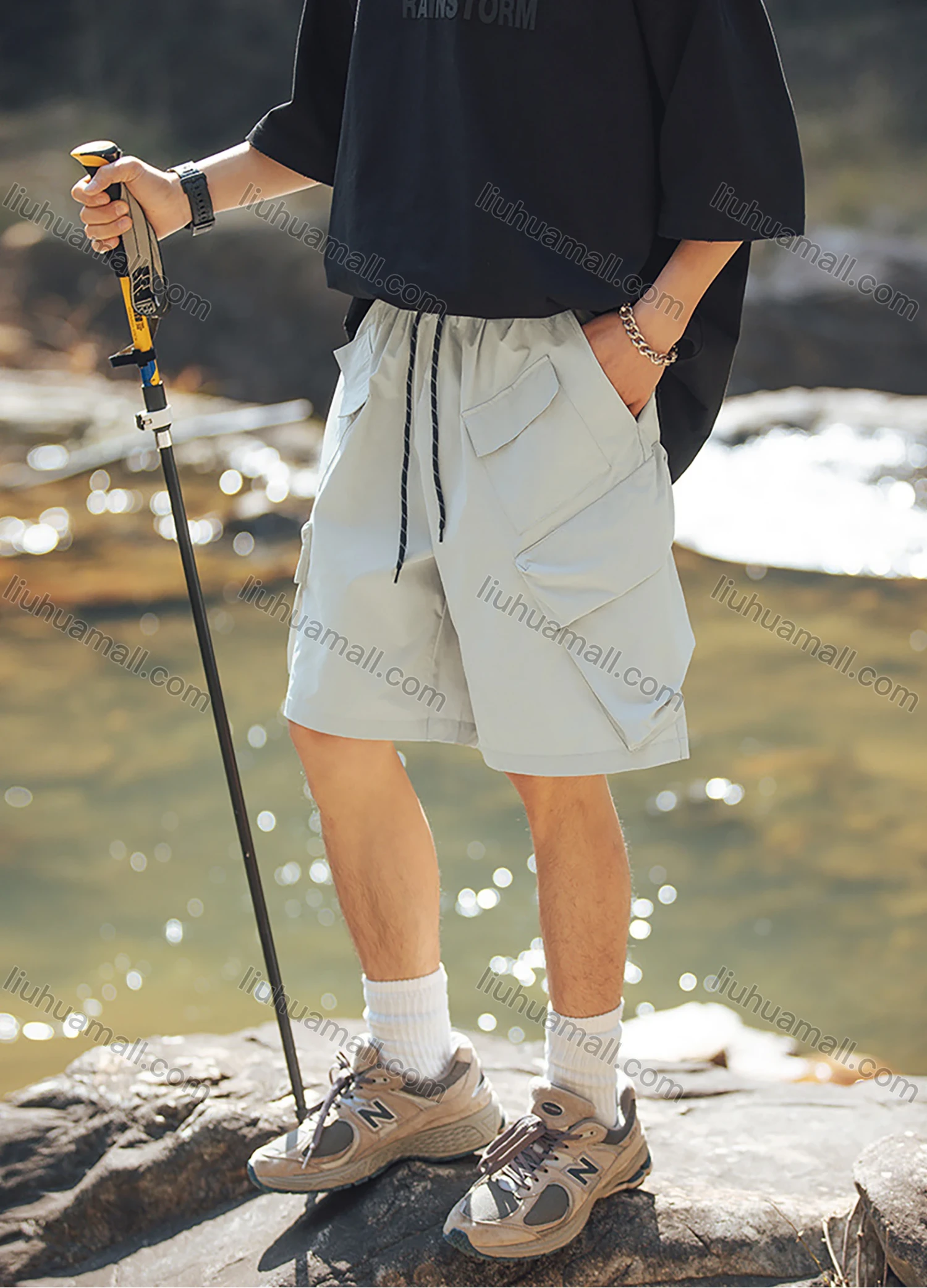 Wholesale Men's Casual Plain Multiple Pockets Elastic Waist Drawstring Shorts - Liuhuamall