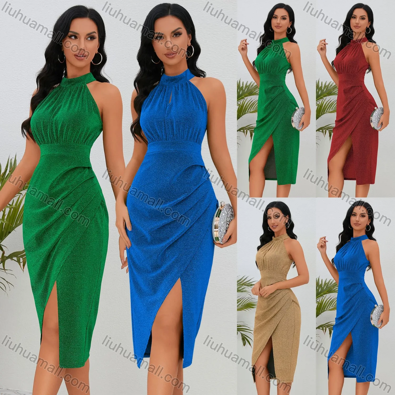 Wholesale Women's Fashion Plain Halter Sleeveless Ruched Pleated Wrap Hem Evening Midi Dress - Liuhuamall