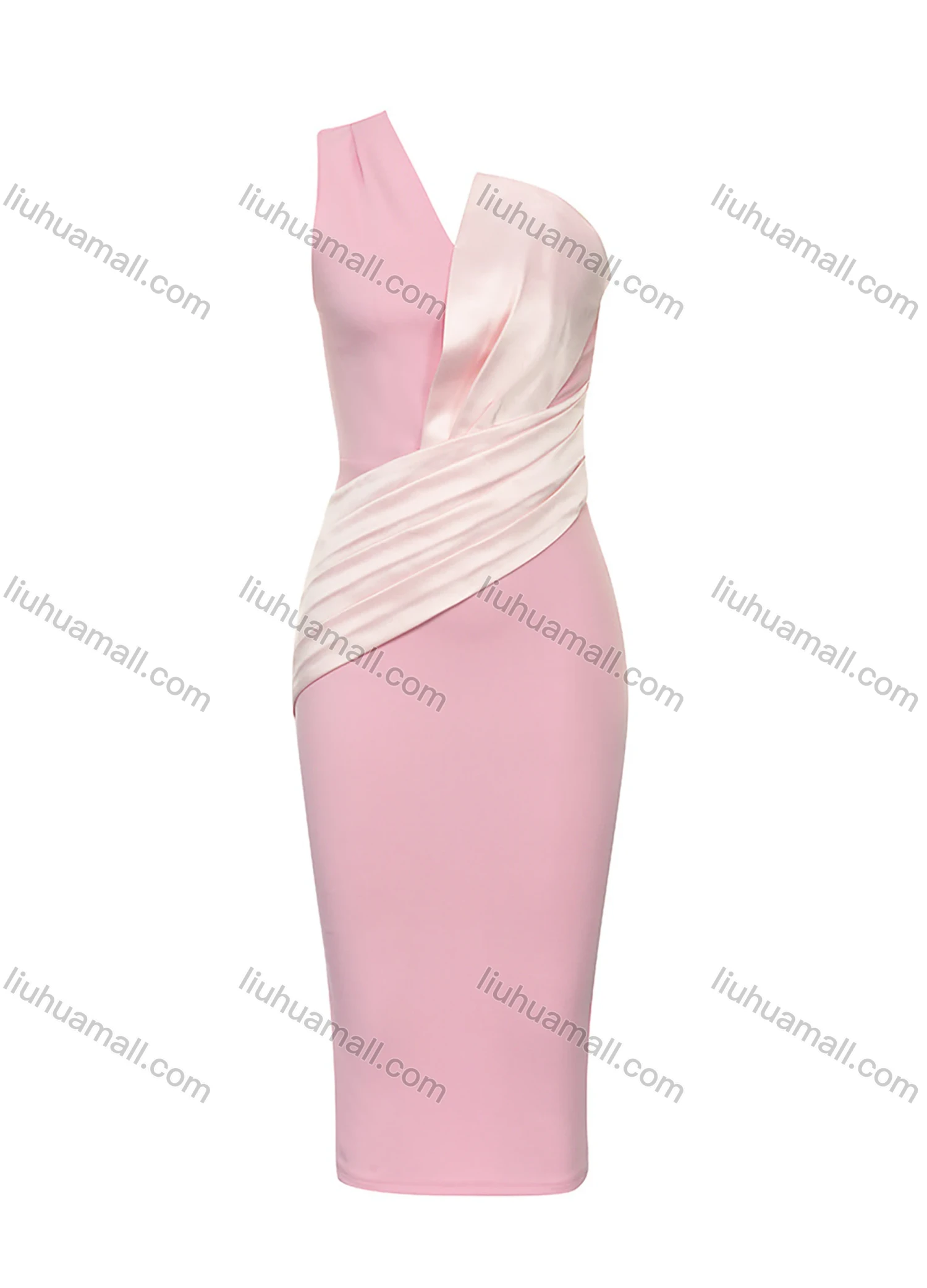 Wholesale Women's Glamorous One Shoulder Colorblock Splicing Pleated Split Hem Midi Cocktail Dress - Liuhuamall