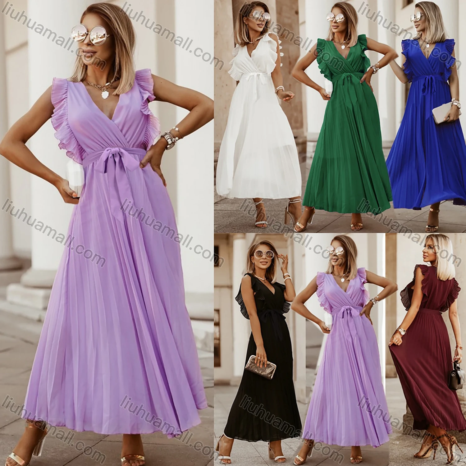 Wholesale Woman's Elegant Plain Wrap V Neck Ruffle Trim Pleated Ruched Maxi Dress With Belt - Liuhuamall