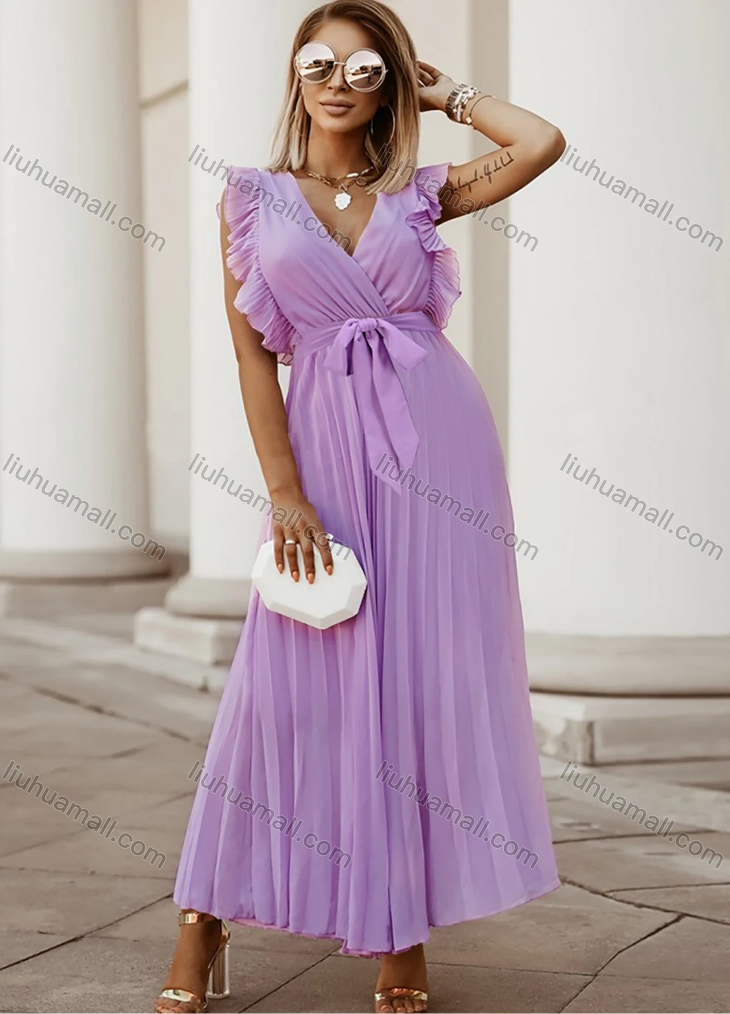 Wholesale Woman's Elegant Plain Wrap V Neck Ruffle Trim Pleated Ruched Maxi Dress With Belt - Liuhuamall