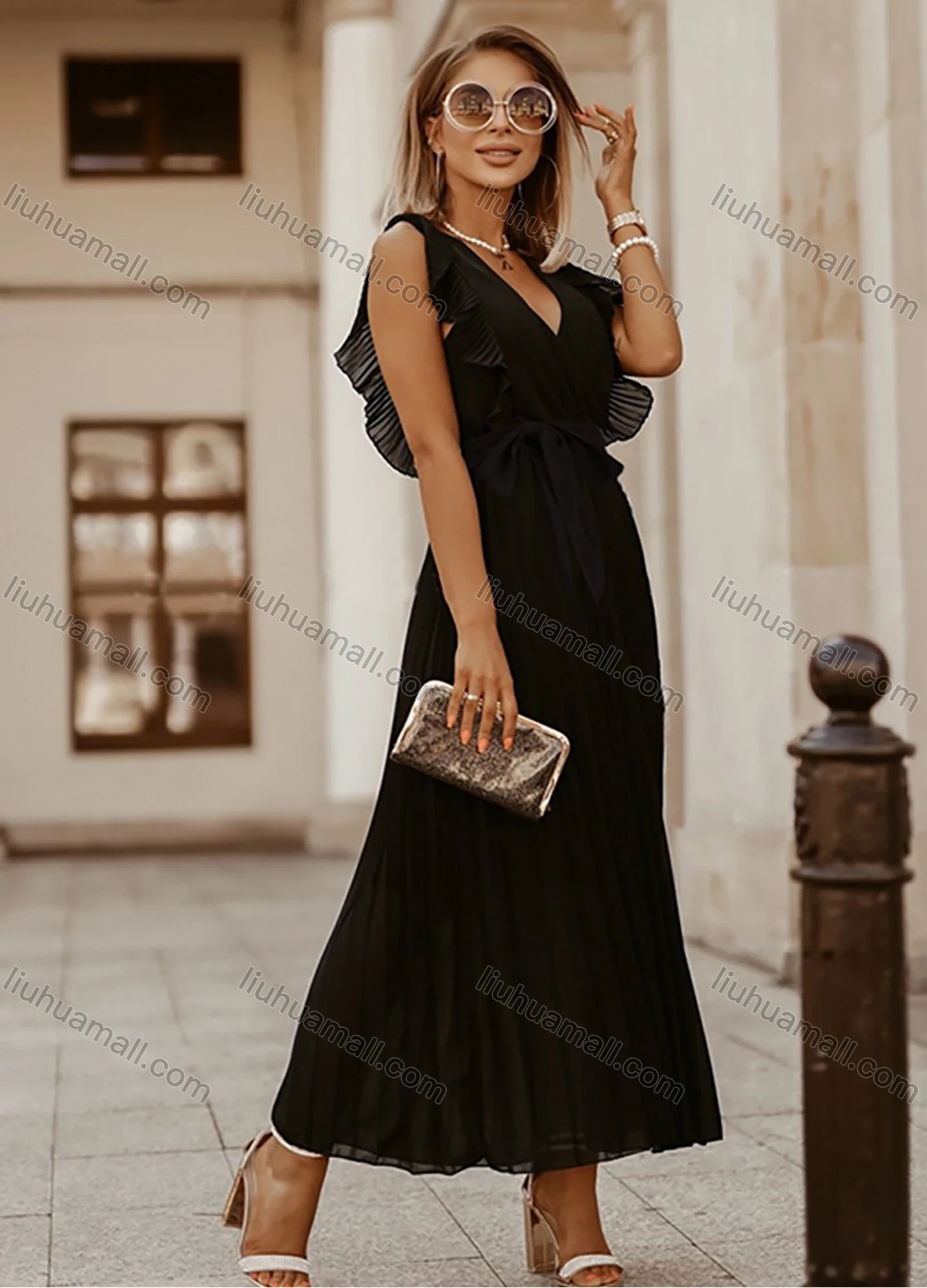 Wholesale Woman's Elegant Plain Wrap V Neck Ruffle Trim Pleated Ruched Maxi Dress With Belt - Liuhuamall