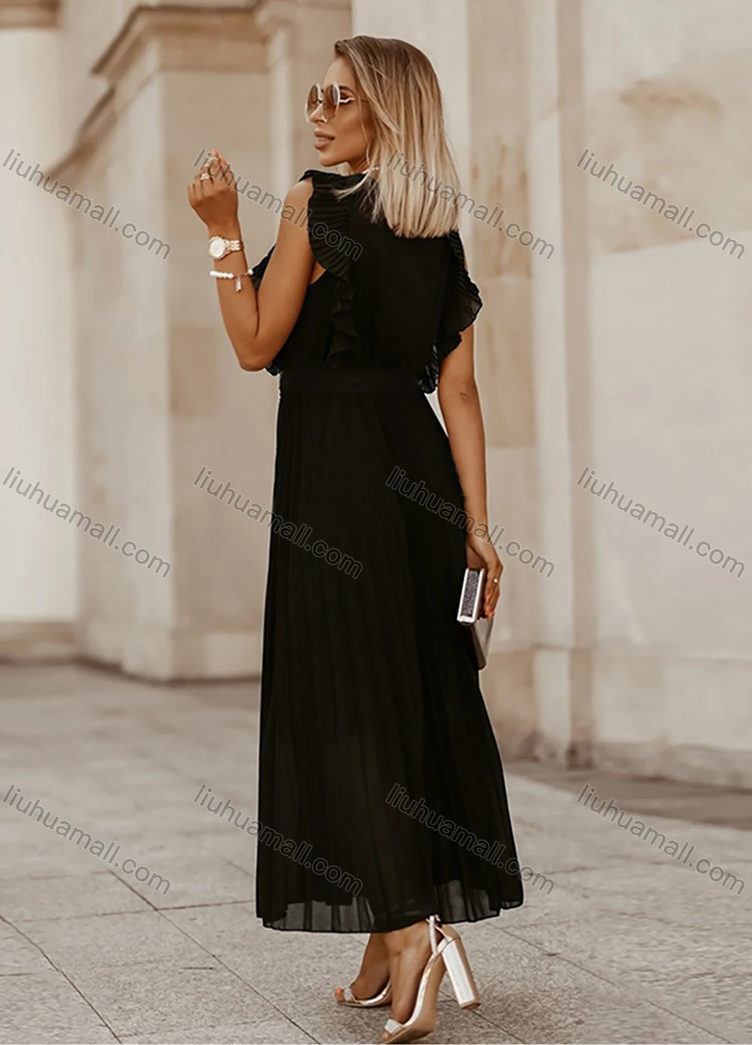 Wholesale Woman's Elegant Plain Wrap V Neck Ruffle Trim Pleated Ruched Maxi Dress With Belt - Liuhuamall