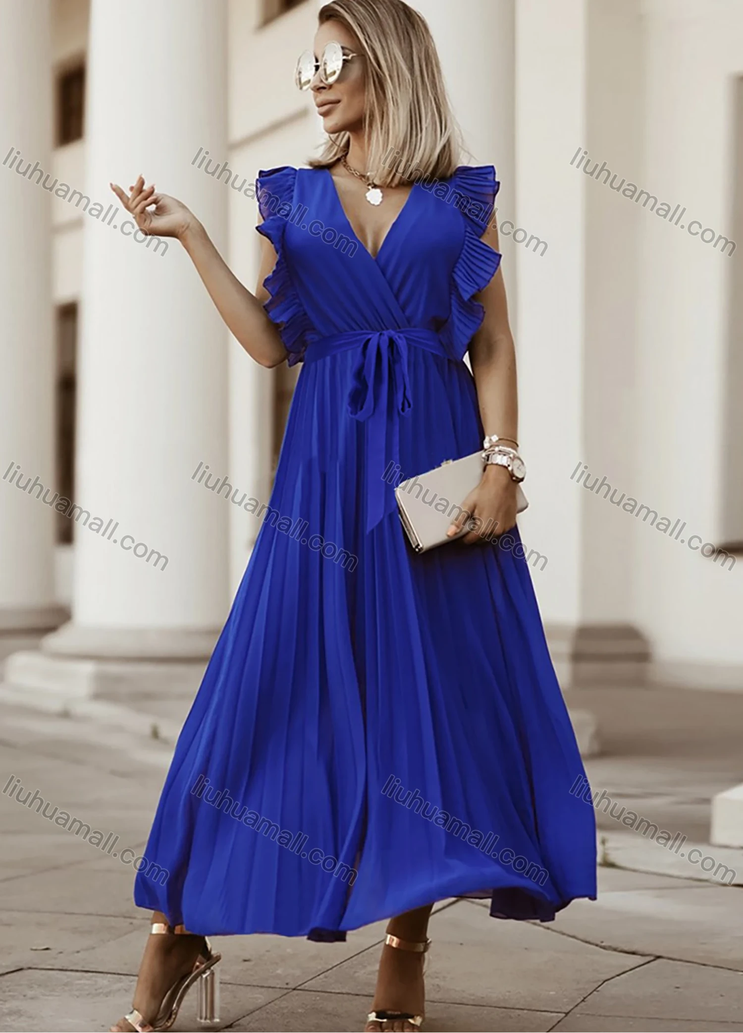 Wholesale Woman's Elegant Plain Wrap V Neck Ruffle Trim Pleated Ruched Maxi Dress With Belt - Liuhuamall