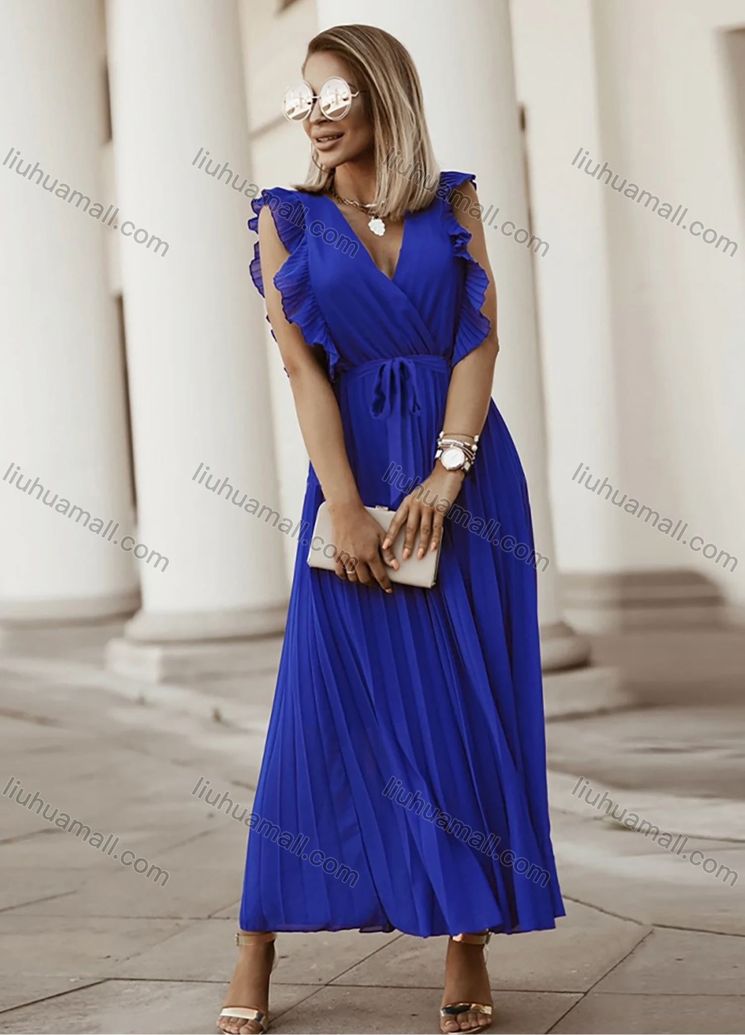 Wholesale Woman's Elegant Plain Wrap V Neck Ruffle Trim Pleated Ruched Maxi Dress With Belt - Liuhuamall