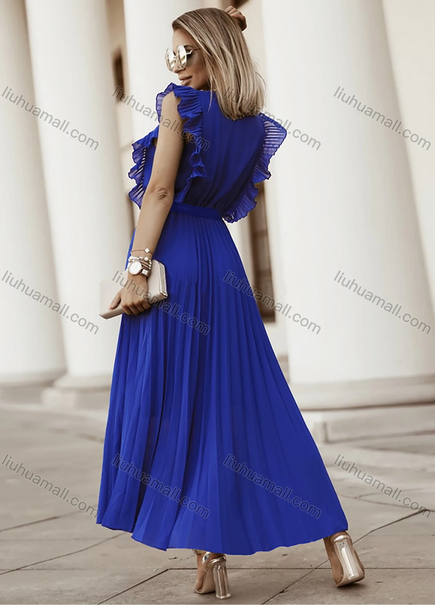 Wholesale Woman's Elegant Plain Wrap V Neck Ruffle Trim Pleated Ruched Maxi Dress With Belt - Liuhuamall
