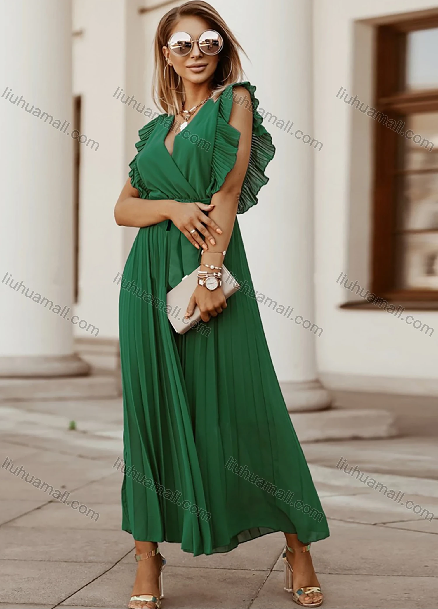Wholesale Woman's Elegant Plain Wrap V Neck Ruffle Trim Pleated Ruched Maxi Dress With Belt - Liuhuamall